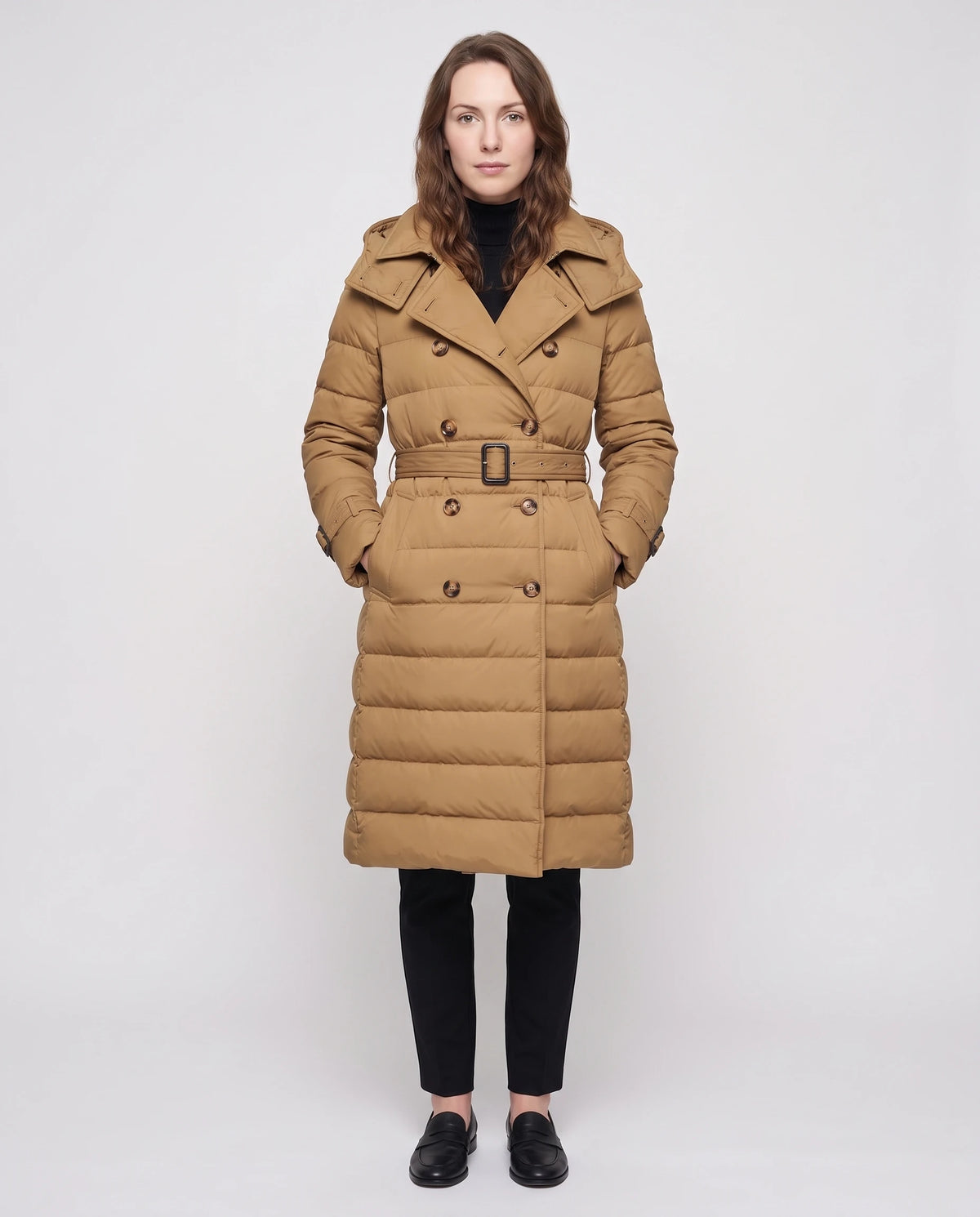Doudoune longue façon trench à capuche et double boutonnage Rachel en Camel, vue de face en pied, boutonnée, ceinture bouclée, capuche baissée