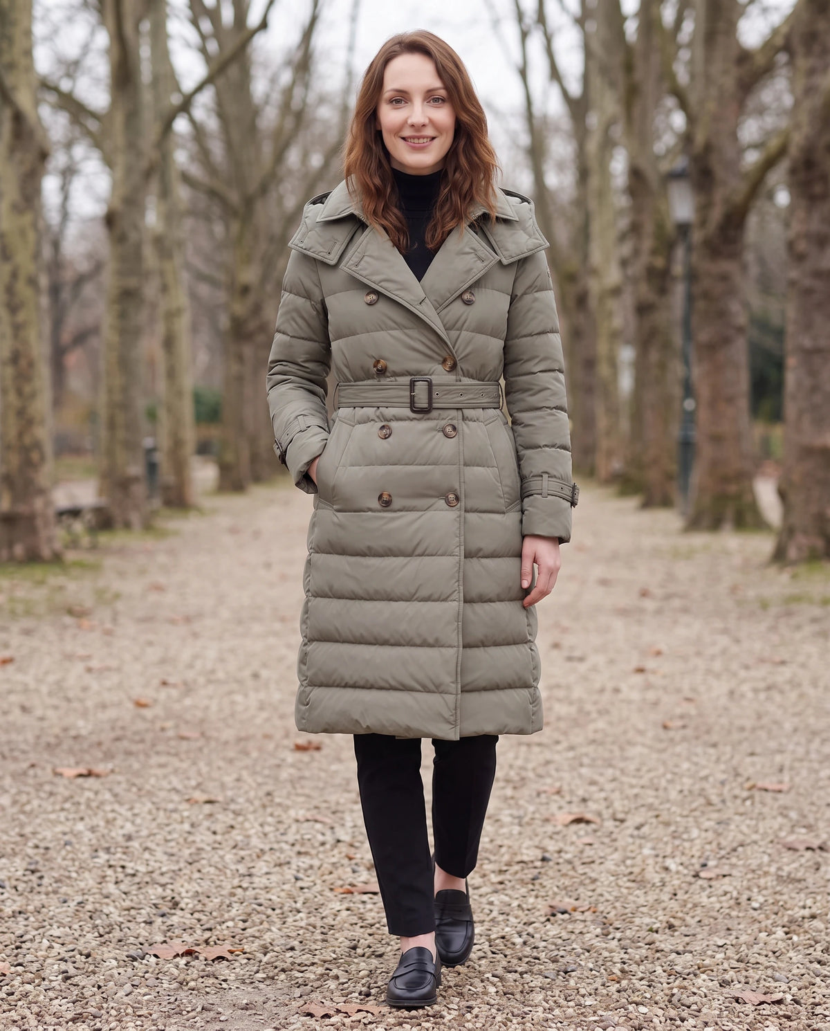 Doudoune longue façon trench à capuche et double boutonnage Rachel en Kaki Gris, portée sur une allée de parc bordée de platanes