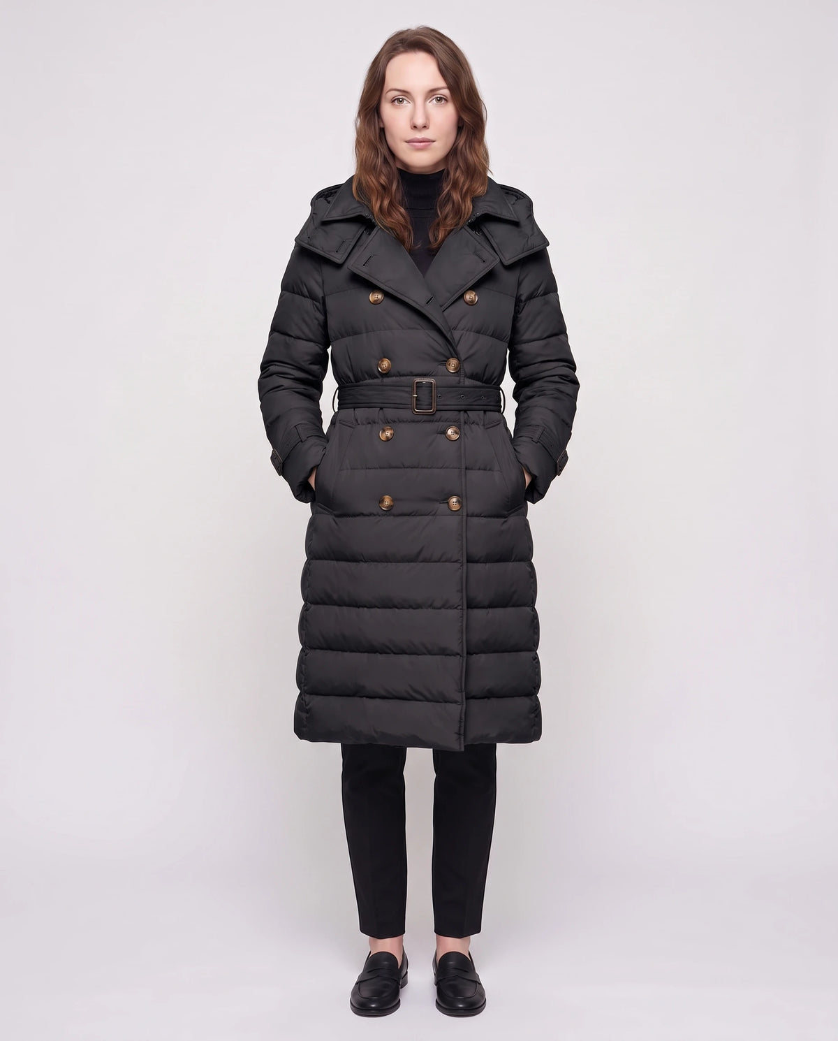Doudoune longue façon trench à capuche et double boutonnage Rachel en Noir, vue de face en pied, boutonnée, ceinture bouclée, capuche baissée