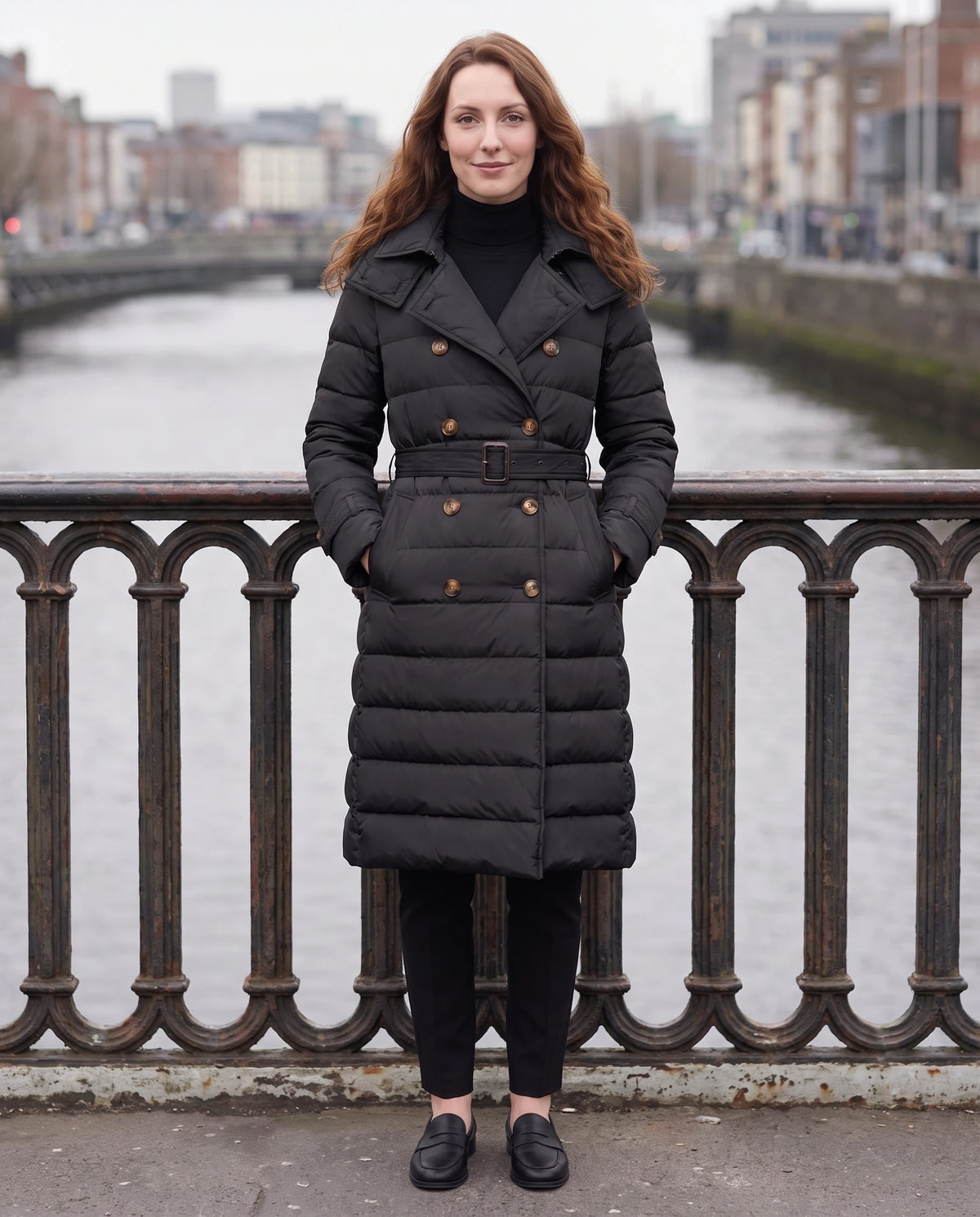Doudoune longue façon trench à capuche et double boutonnage Rachel en Noir, portée sur un pont de ville à la rambarde de fer