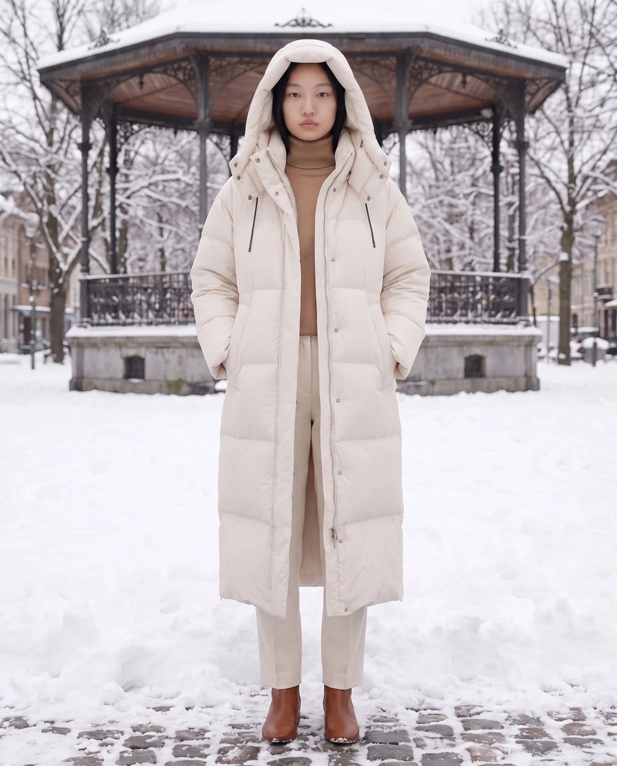 Doudoune maxi oversize à capuche et pressions Marine en Beige, portée sur une place enneigée près d'un kiosque, capuche relevée
