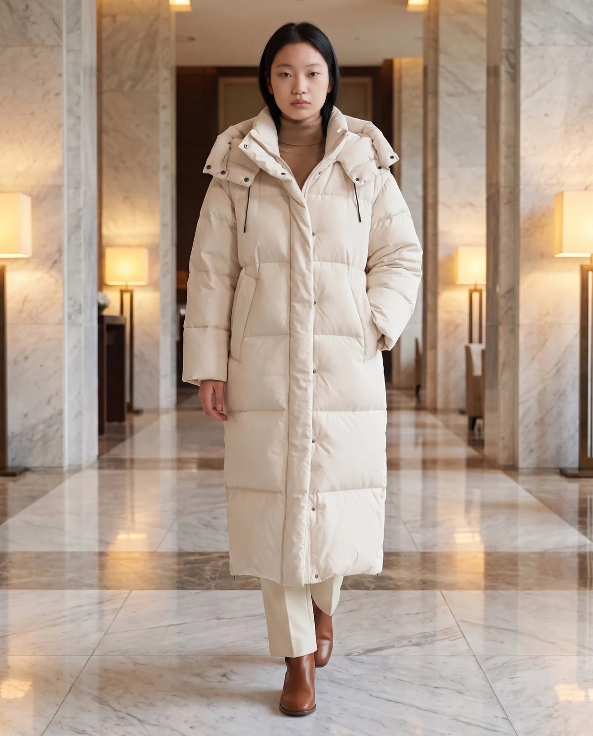 Doudoune maxi oversize à capuche et pressions Marine en Beige, portée dans un hall d'hôtel en marbre