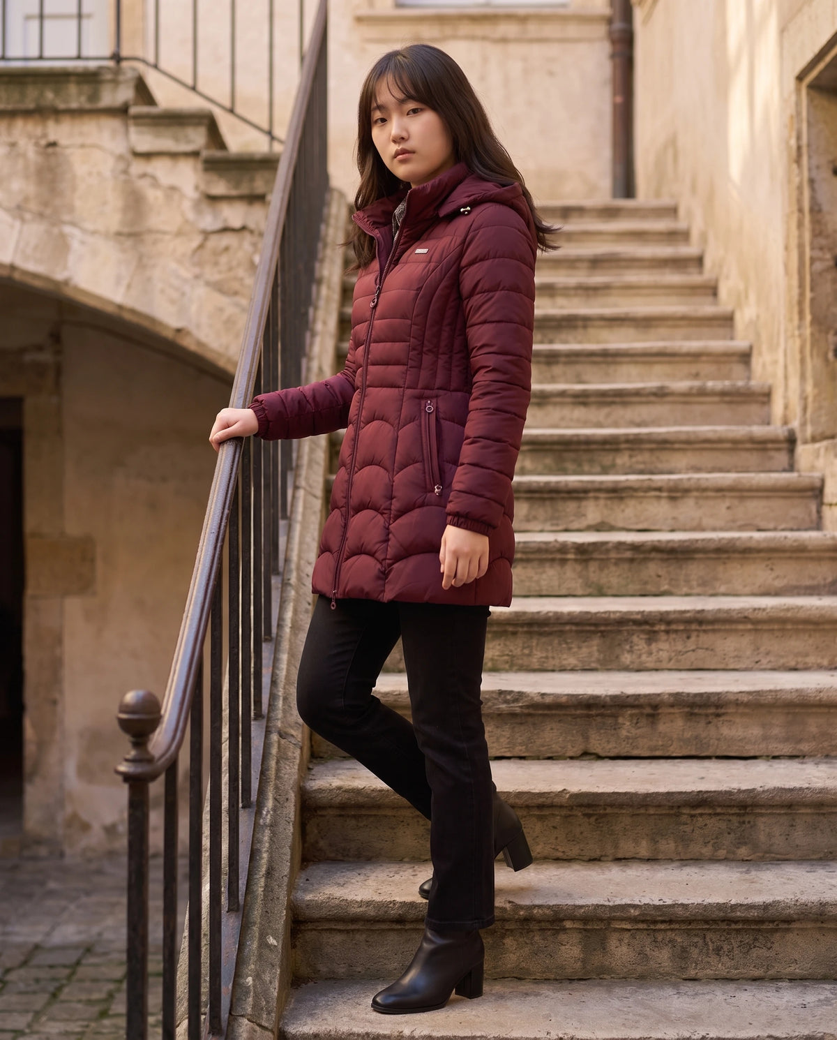 Doudoune mi-longue cintrée à capuche Angeline lie de vin, escalier de pierre dans une cour