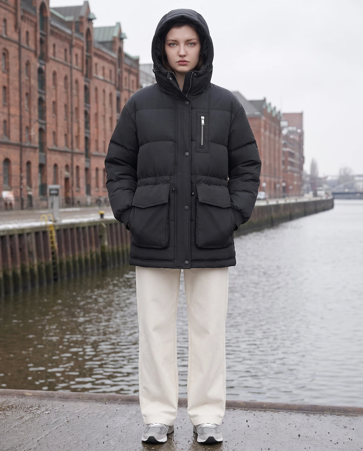 Mittellange Parka-Steppjacke mit Pattentaschen Muriel in Schwarz, getragen mit Kapuze auf einem Kai mit Backsteinlagerhäusern