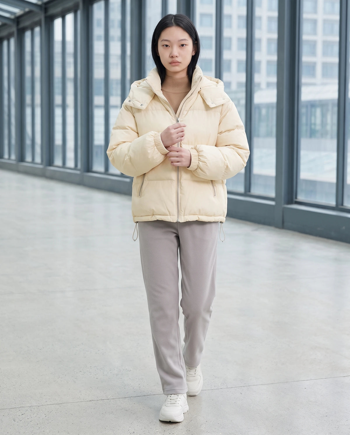 Doudoune courte oversize à capuche amovible Camélia, coloris Blanc Cassé, portée dans un hall vitré