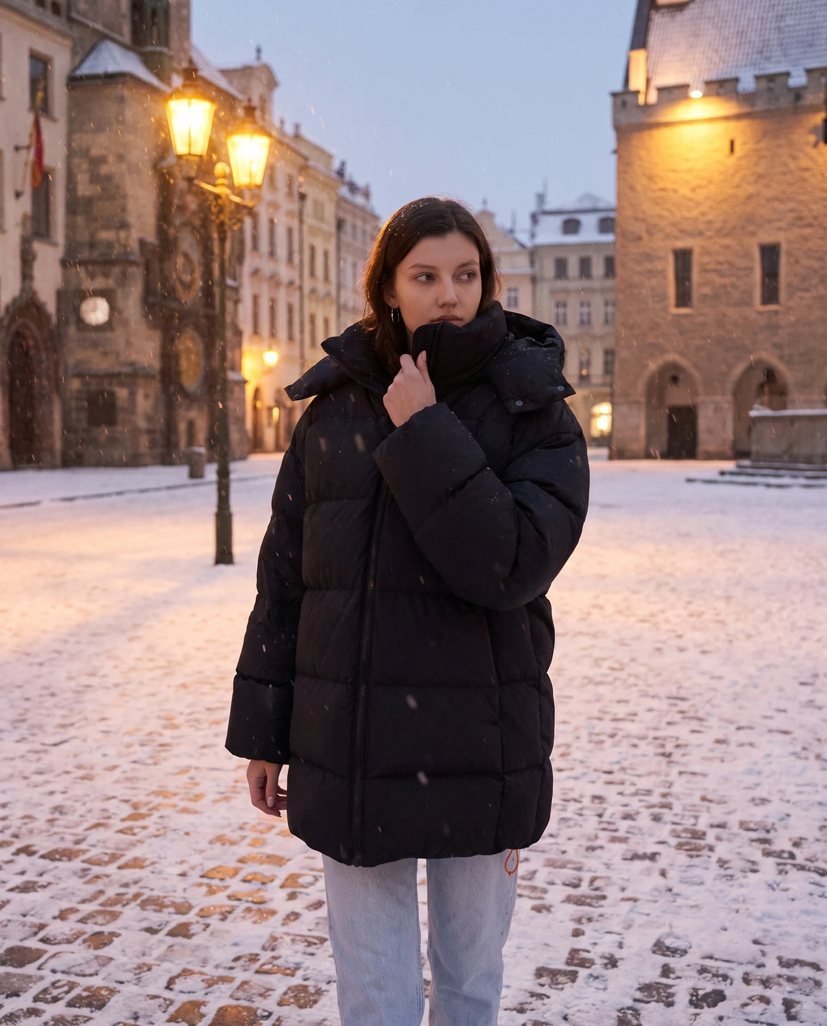 Oversize-Pufferjacke mit Kapuze Freya in Schwarz, getragen auf einem verschneiten Platz in der Dämmerung