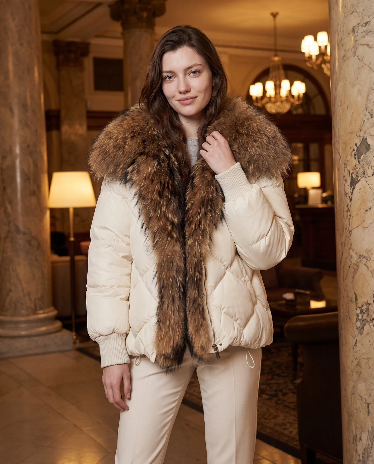 Doudoune oversize à col châle fausse fourrure Sabrina en Beige, portée dans le hall d'un hôtel ancien aux colonnes de marbre
