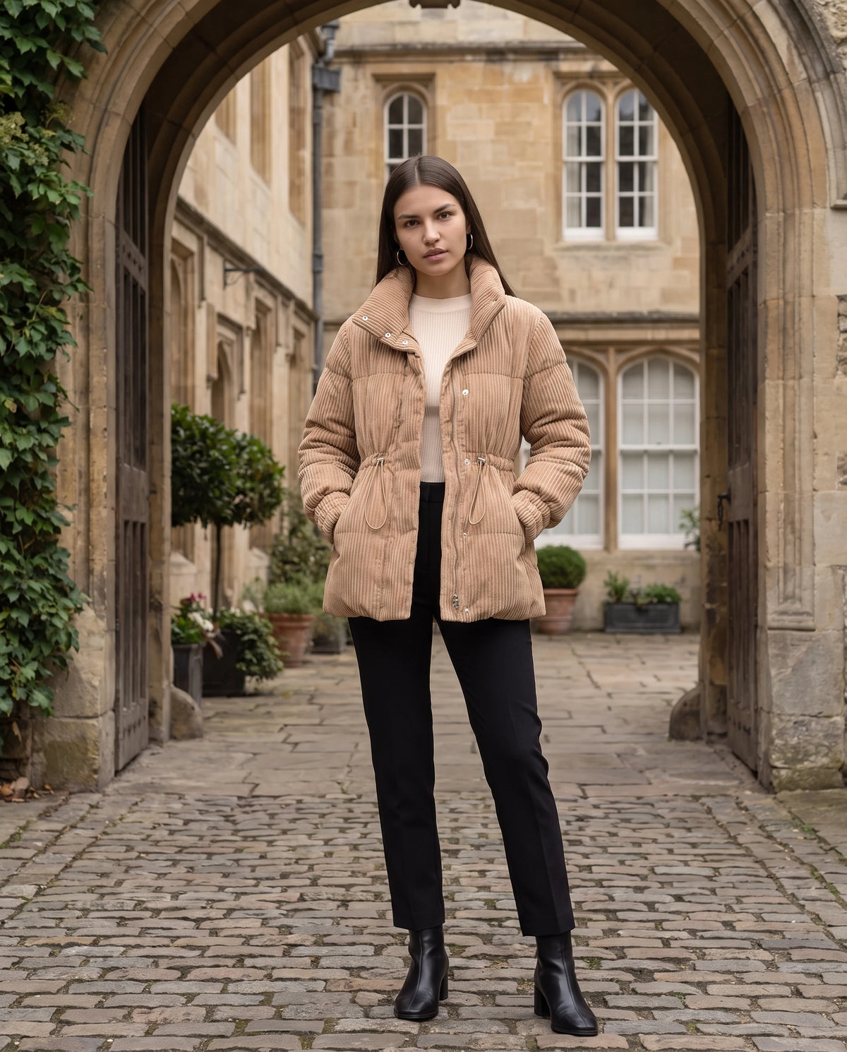 Halblange Plissee-Steppjacke Ilaria in Camel, getragen im Hof eines Stadtpalais