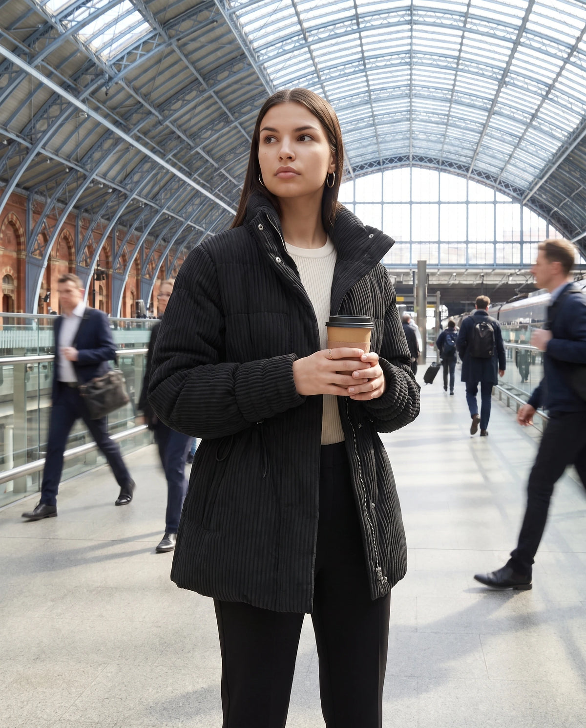 Halblange Plissee-Steppjacke Ilaria in Schwarz, getragen in einer Bahnhofshalle