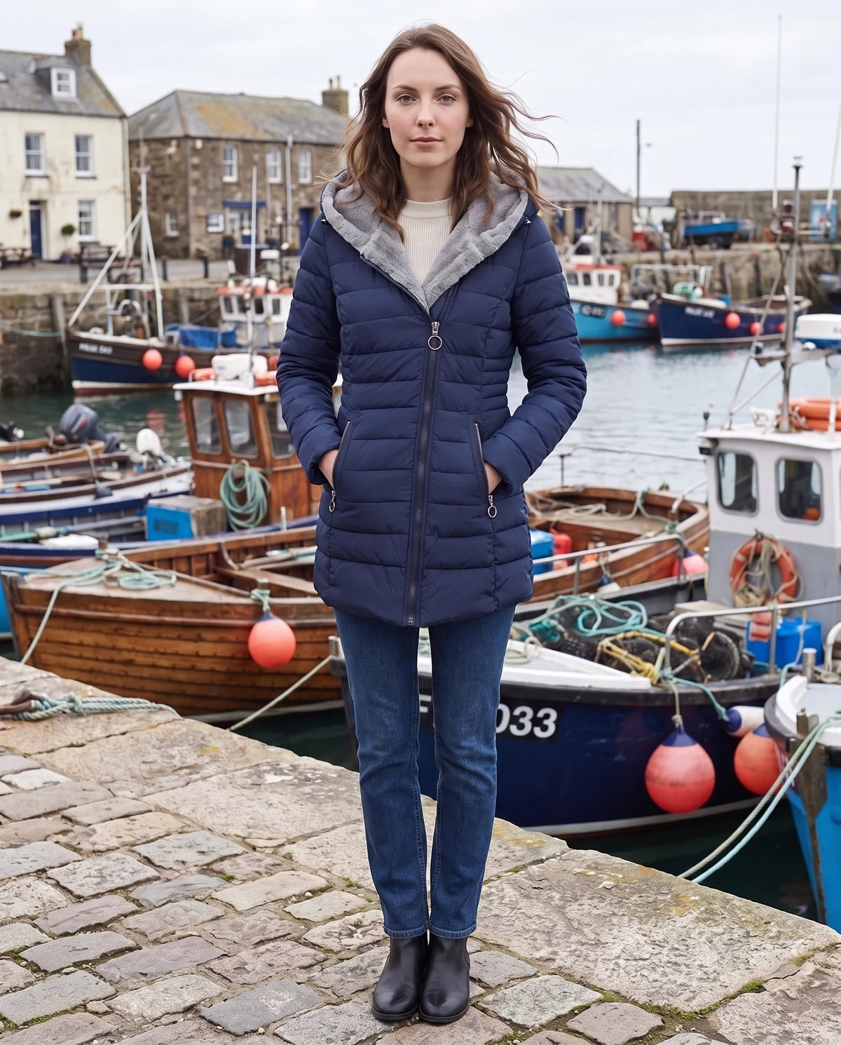 Doudoune doublée polaire Aubine en Bleu Marine, portée sur le quai d'un petit port