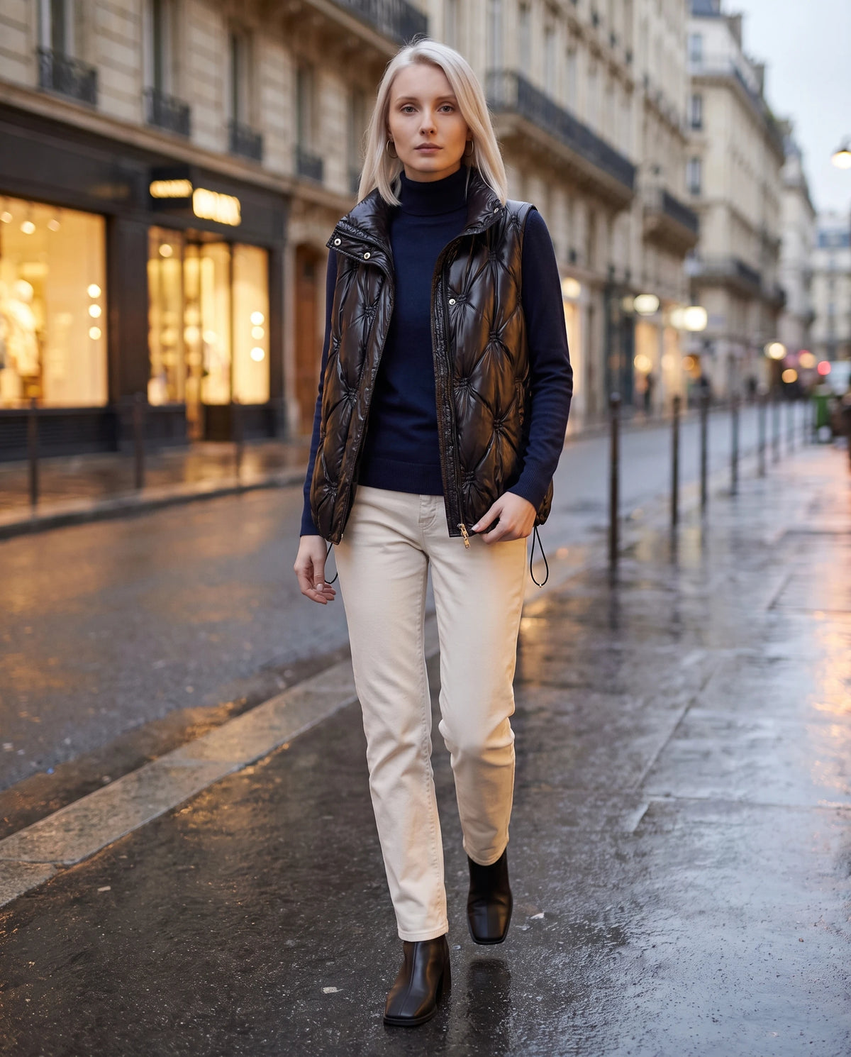 Doudoune sans manches capitonnée en satin Marielle, coloris Noir, portée dans une rue parisienne au crépuscule