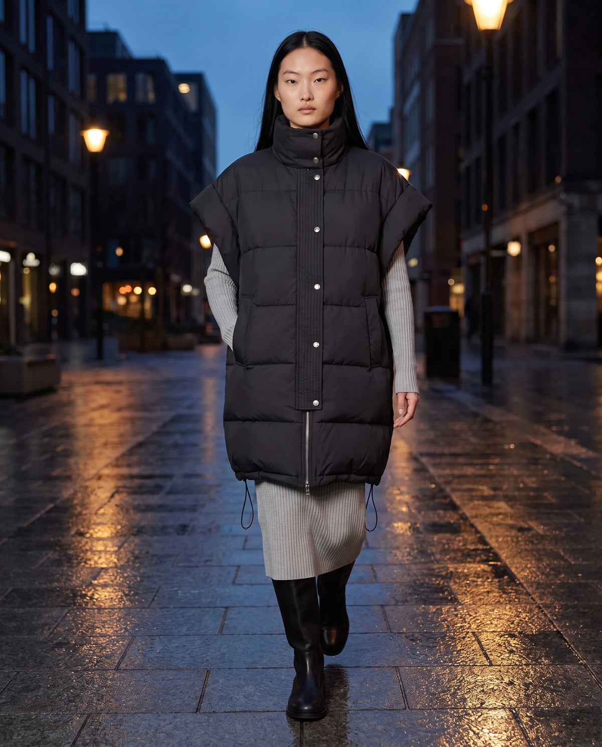 Doudoune sans manches oversize à grand col et patte plissée Perline en Noir, portée sur un trottoir mouillé au crépuscule