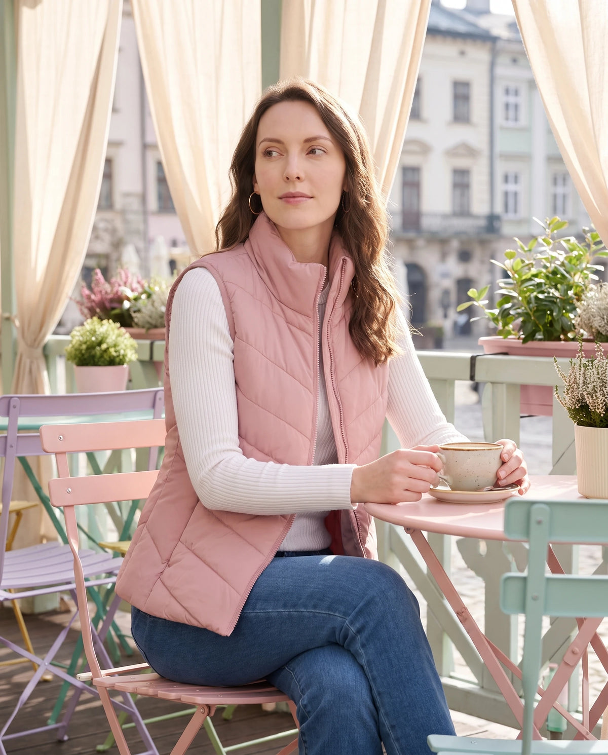 Doudoune sans manches Célia en Rose Poudré, portée à la terrasse d'un café pastel