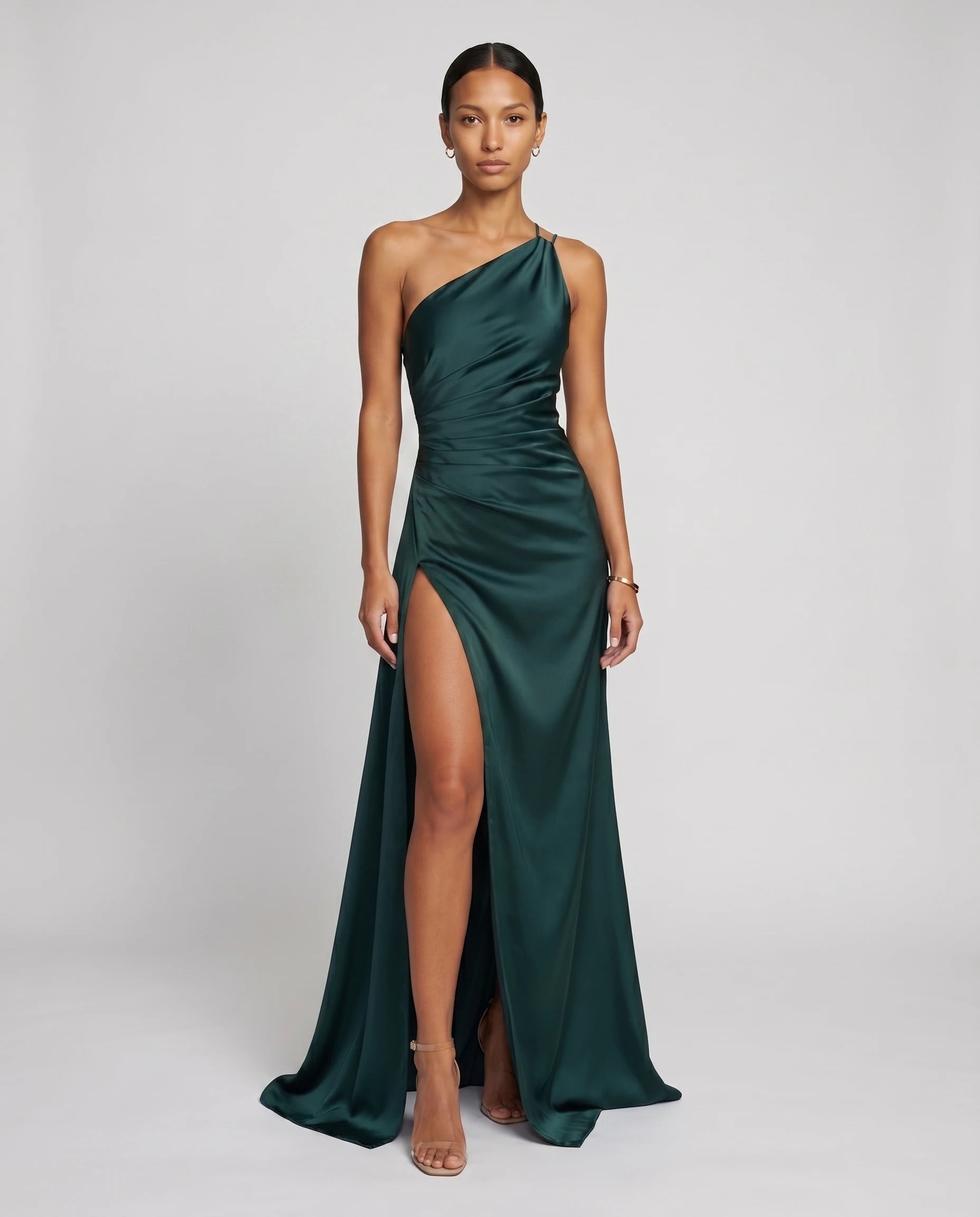 Robe longue en satin une epaule - Emeraude - Ines