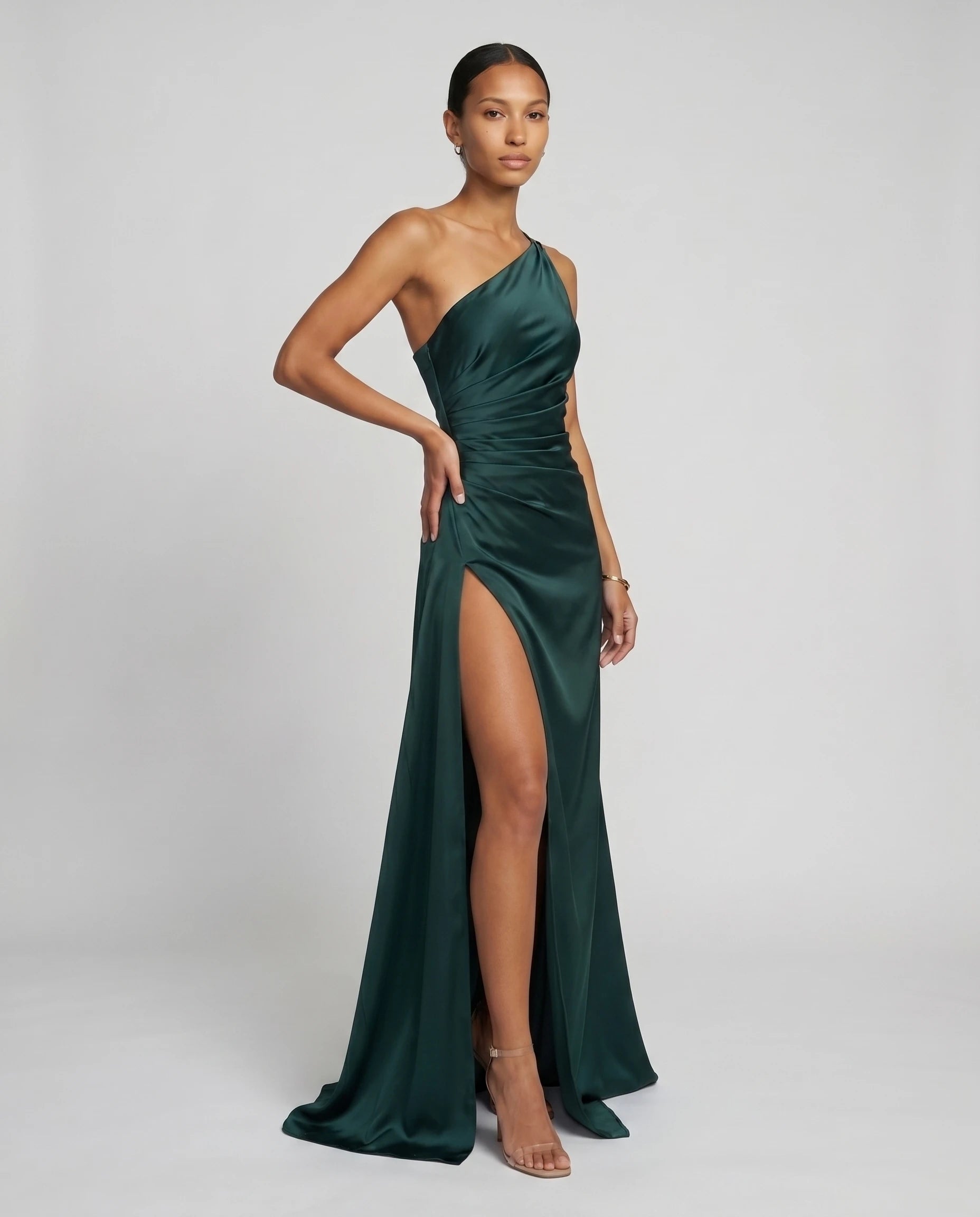 Robe longue en satin une epaule - Emeraude - Ines
