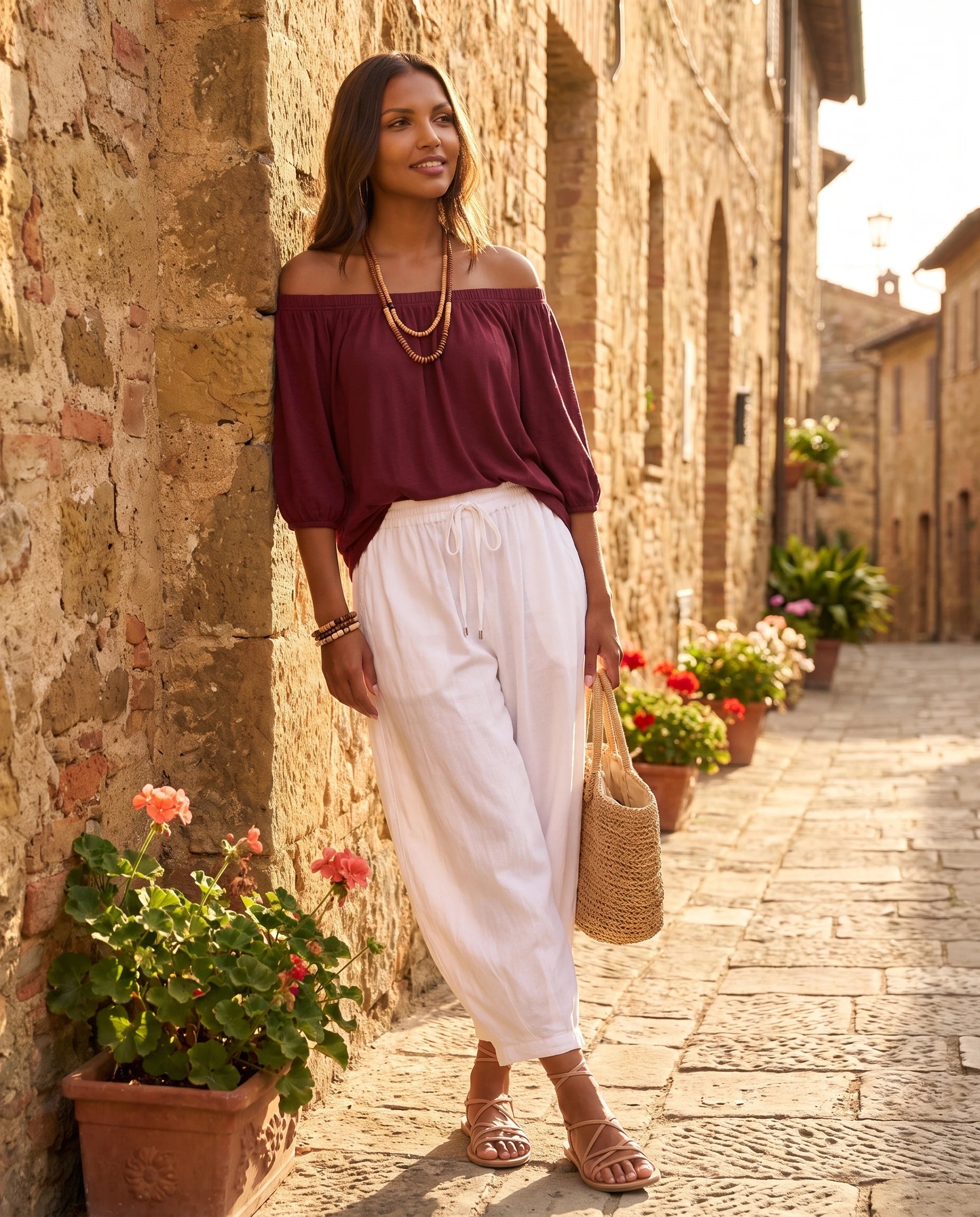 Ensemble epaules denudees et pantalon sarouel Bordeaux portee dans une ruelle toscane a l heure doree - Lorene | Zolena