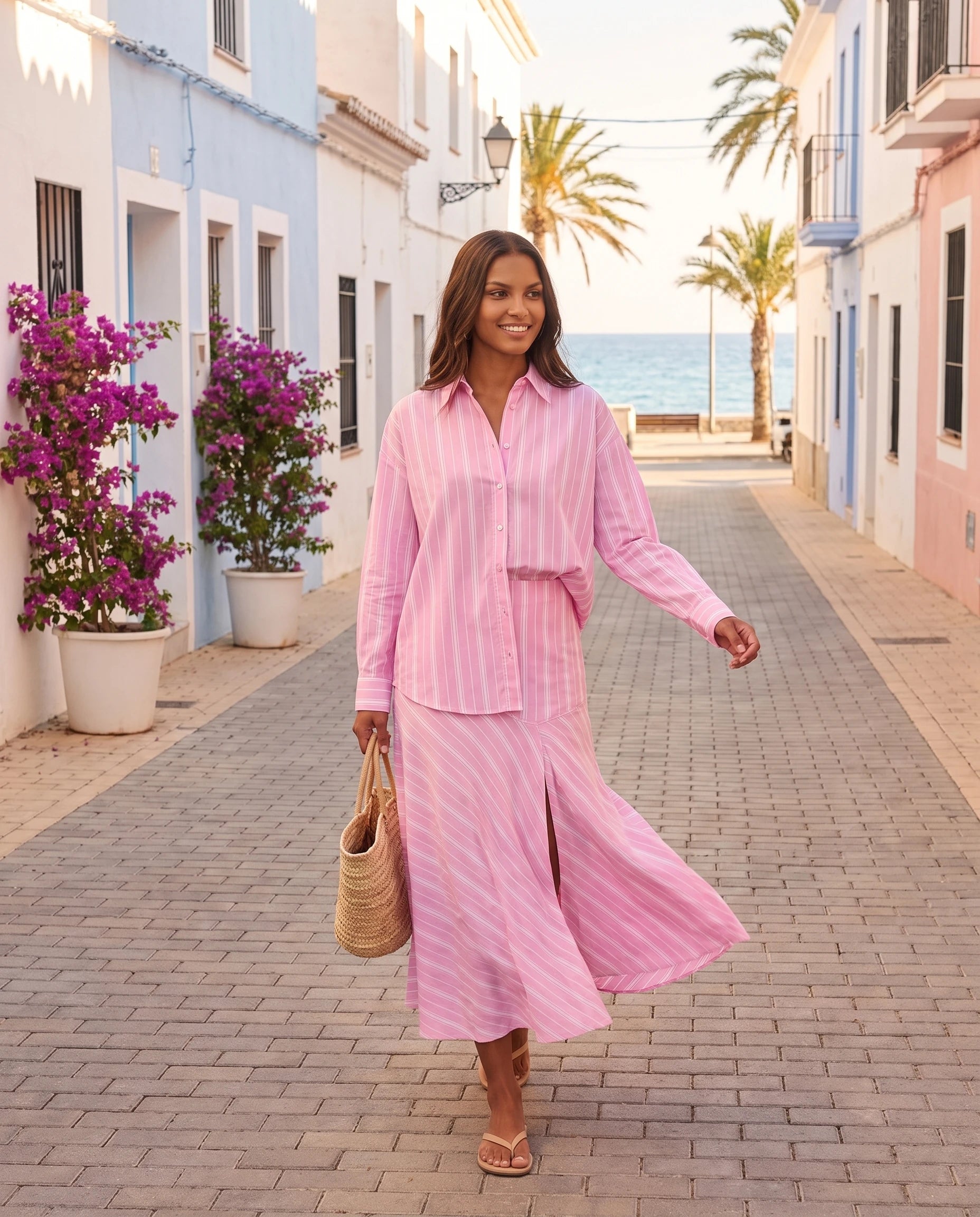 Ensemble chemise rayée et jupe midi rose Colombine — rue côtière ensoleillée