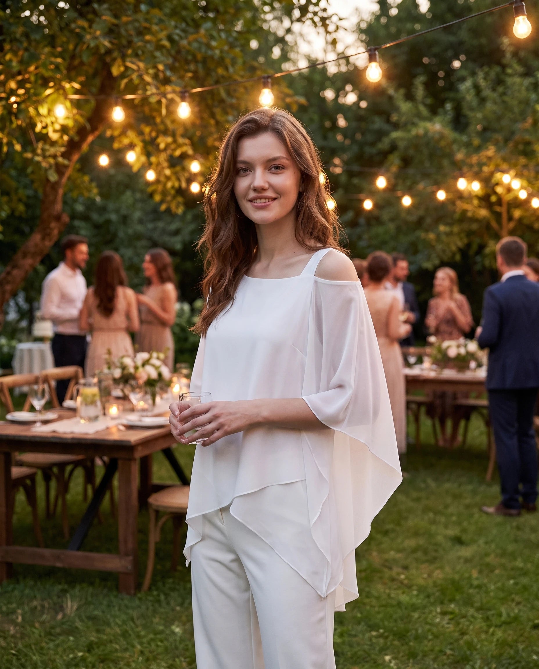 Ensemble top chiffon asymétrique et pantalon Solange — Blanc — portée, lifestyle