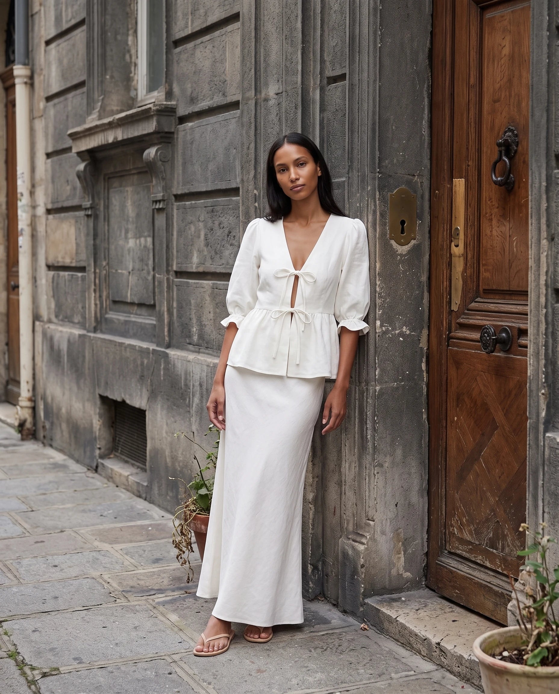 Ensemble blouse nouée et jupe longue en coton Roselyne — Blanc, en situation