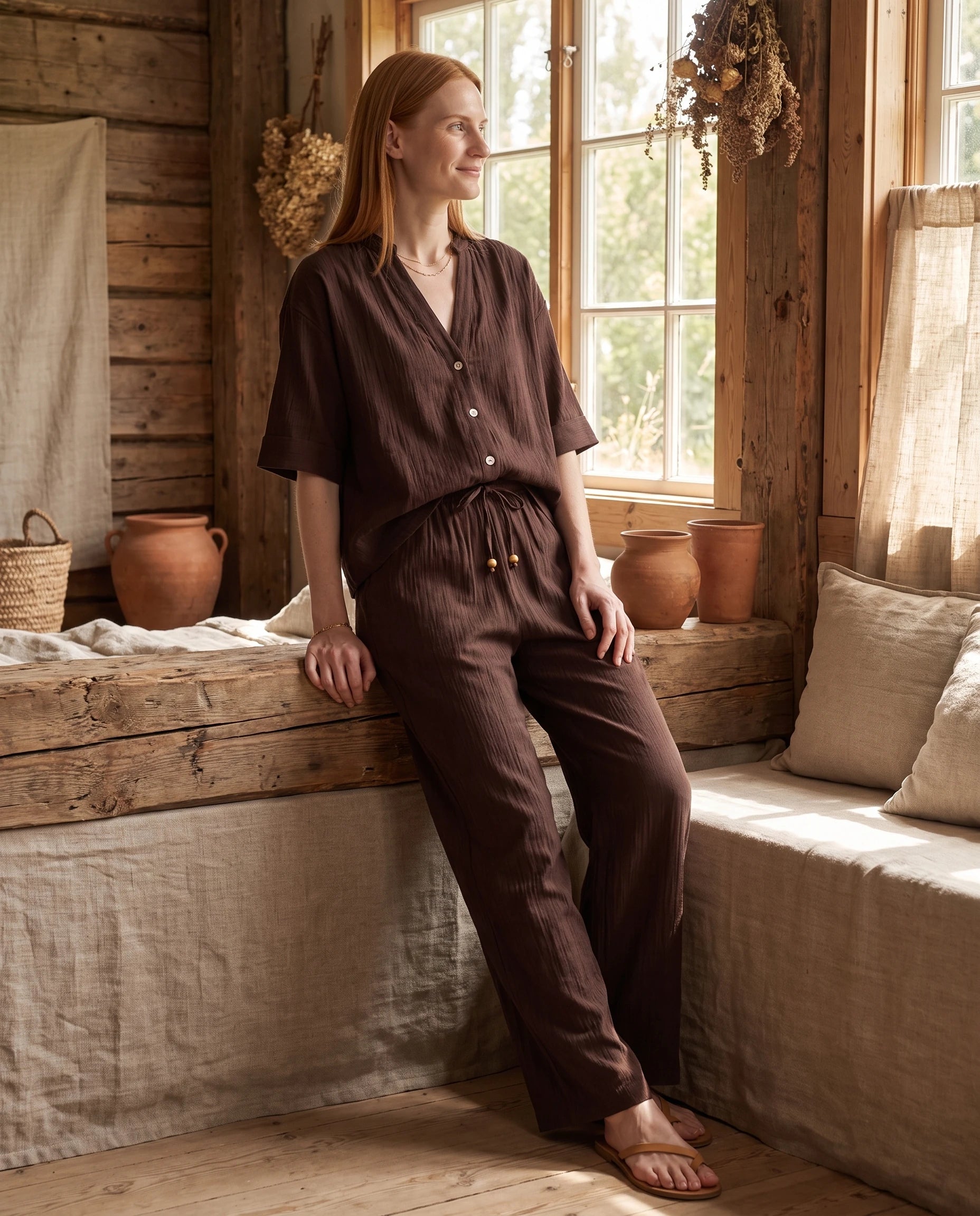 Ensemble chemise et pantalon large Chocolat porte dans un interieur naturel