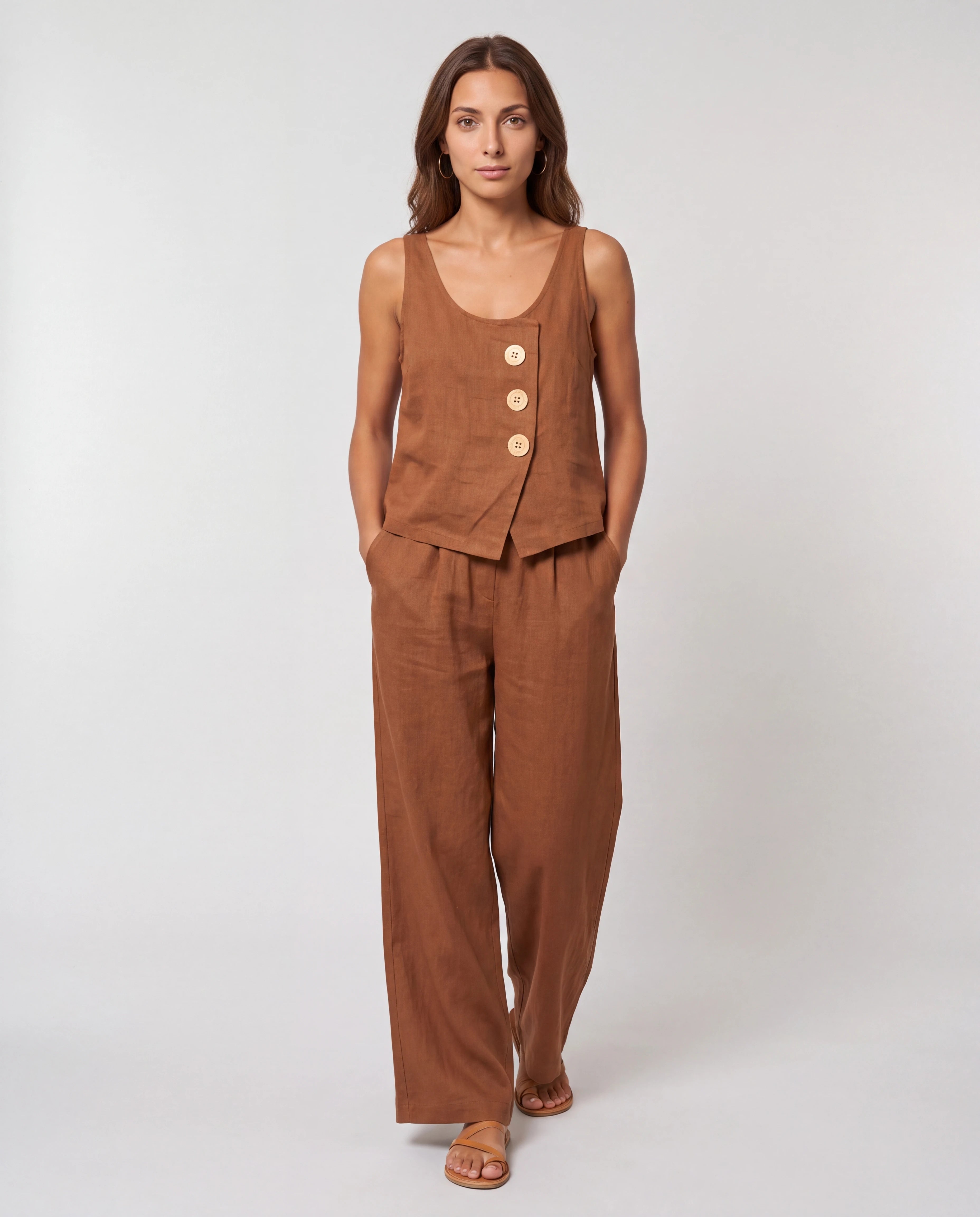 Ensemble débardeur boutonné et pantalon large Isabeau — Cognac — vue de face studio