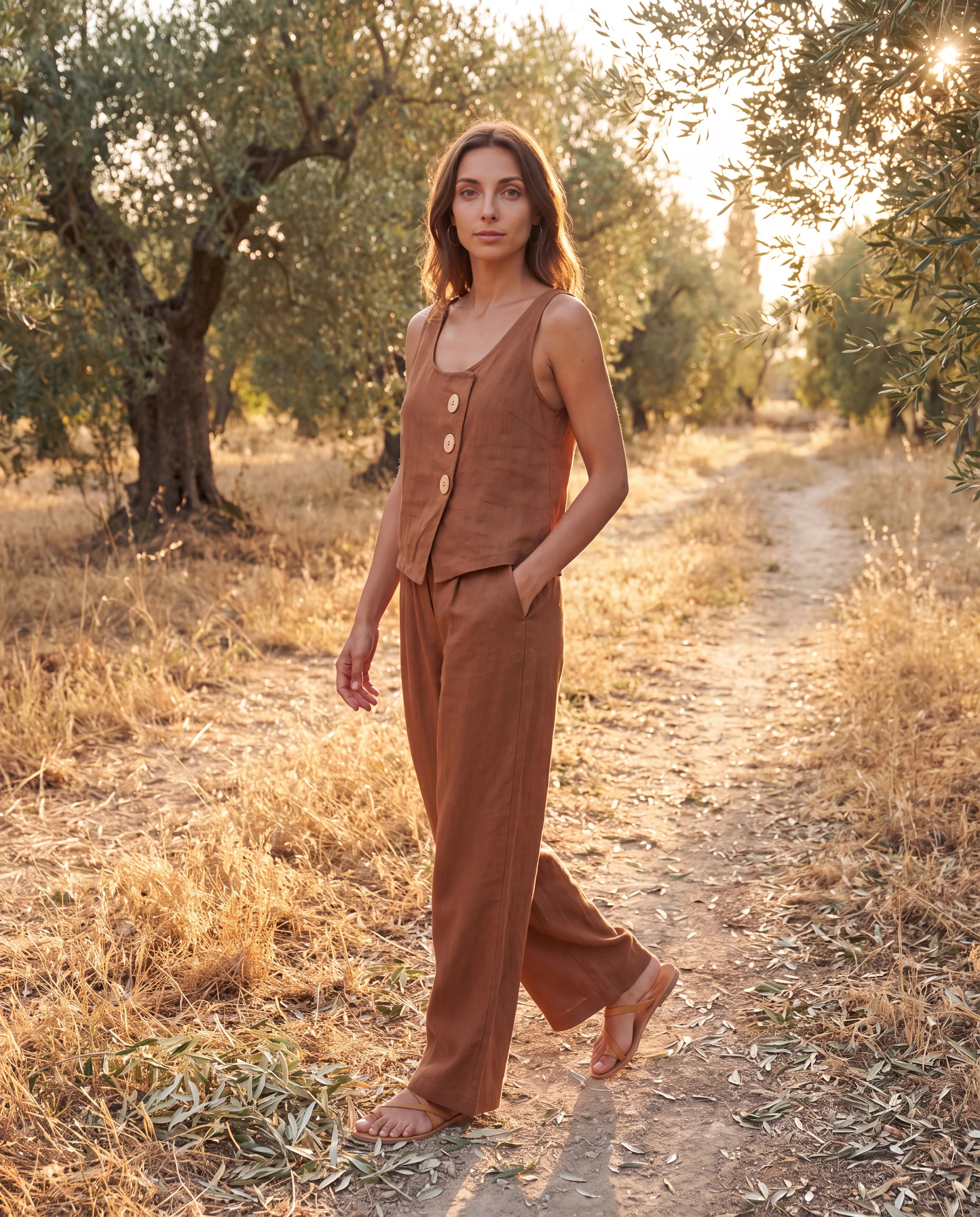 Ensemble débardeur boutonné et pantalon large Isabeau — Cognac — porté dans une oliveraie au coucher du soleil