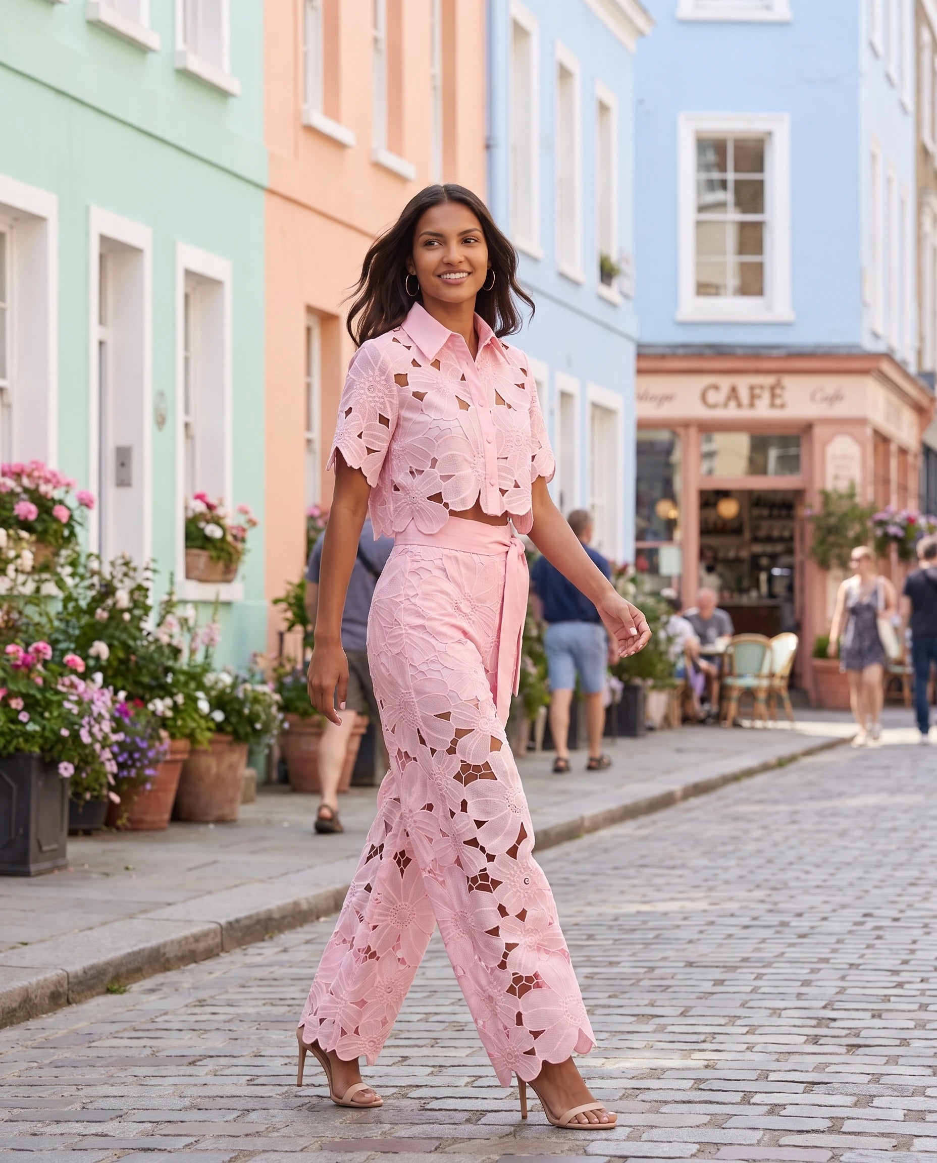 Ensemble blouse et pantalon en dentelle Bérengère — Rose — portée, lifestyle