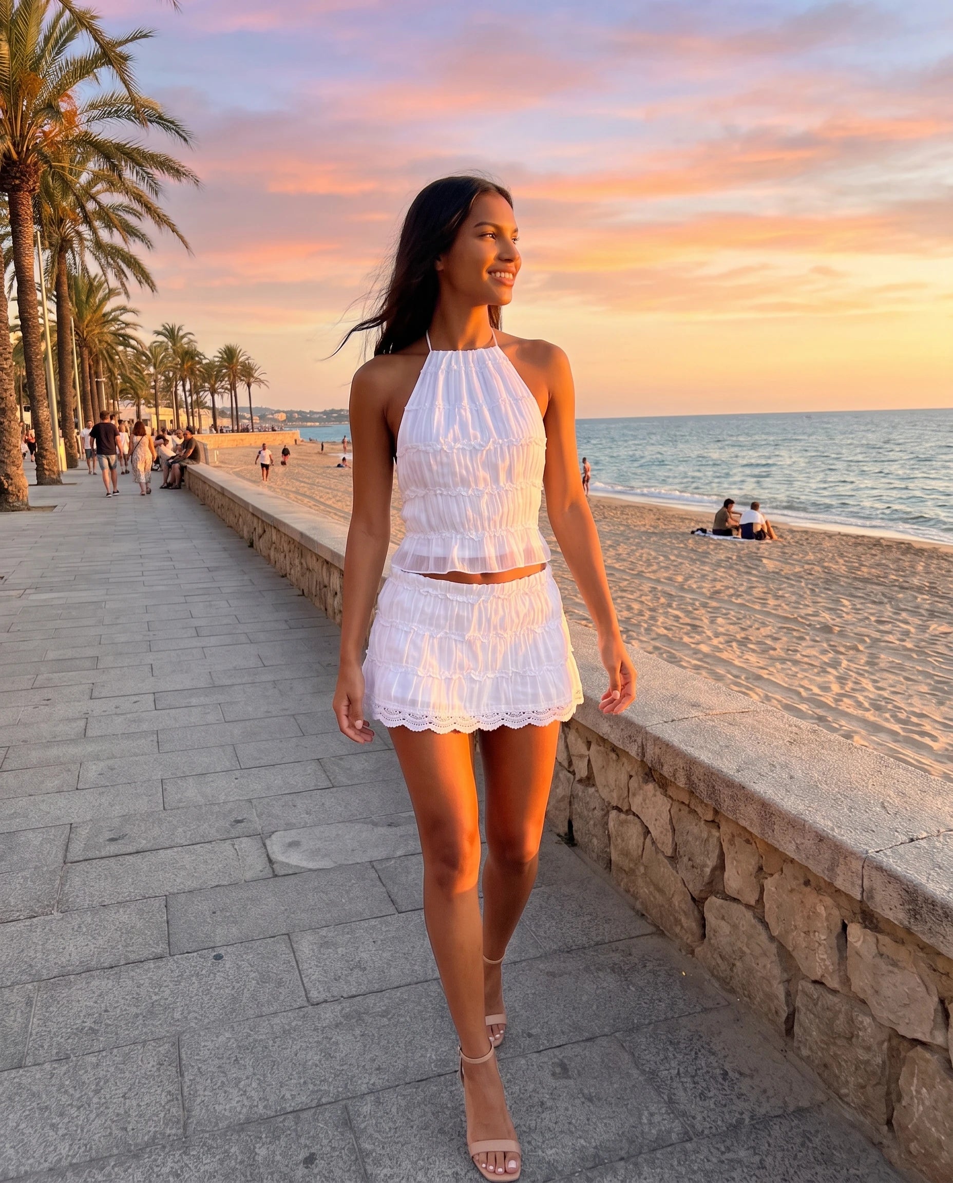 Ensemble top dos nu et jupe a volants festonnee Blanc portee sur une promenade en bord de mer au coucher du soleil - Bathilde | Zolena