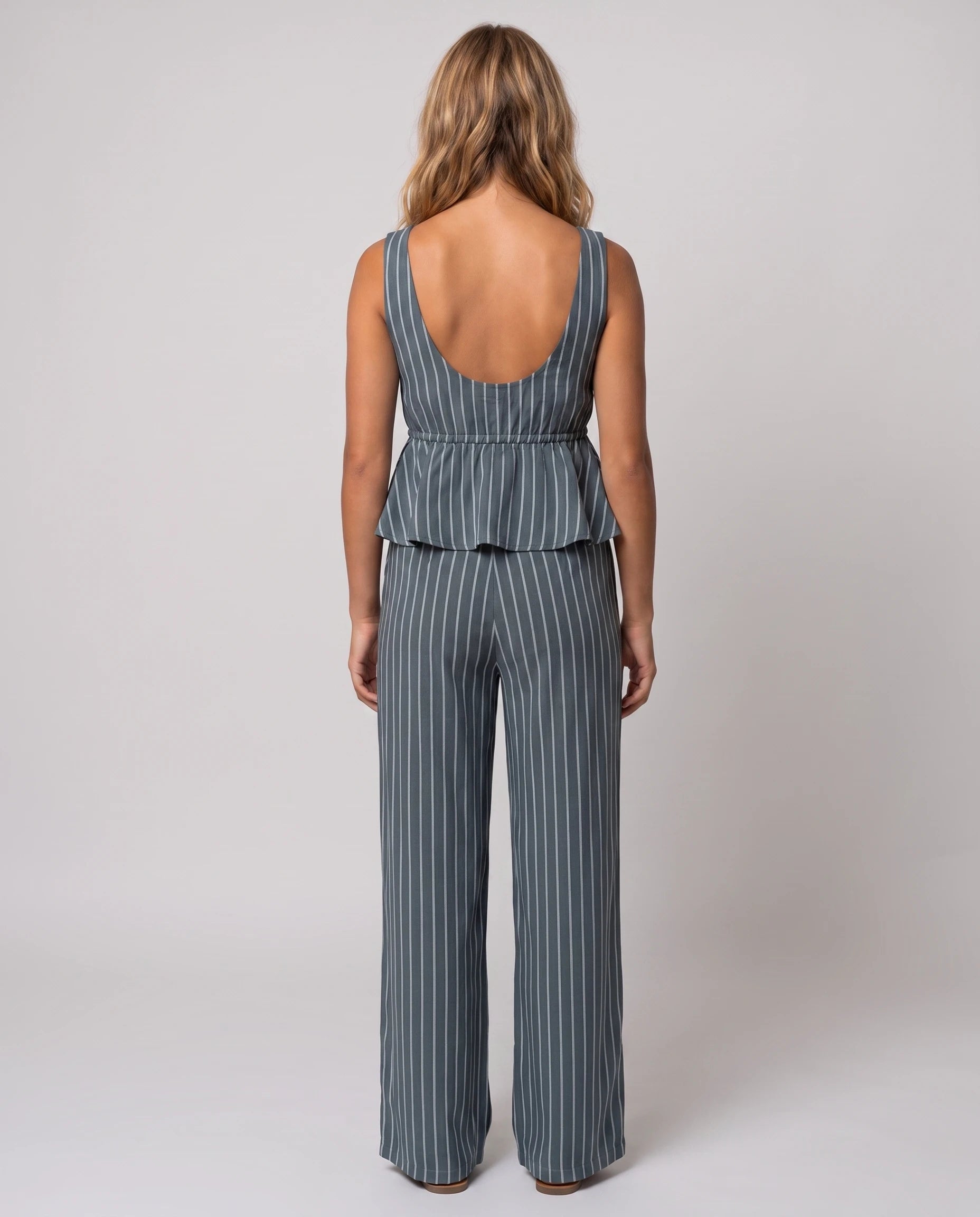 Ensemble gilet col V et pantalon large Mahaut Bleu Ardoise, vue de dos