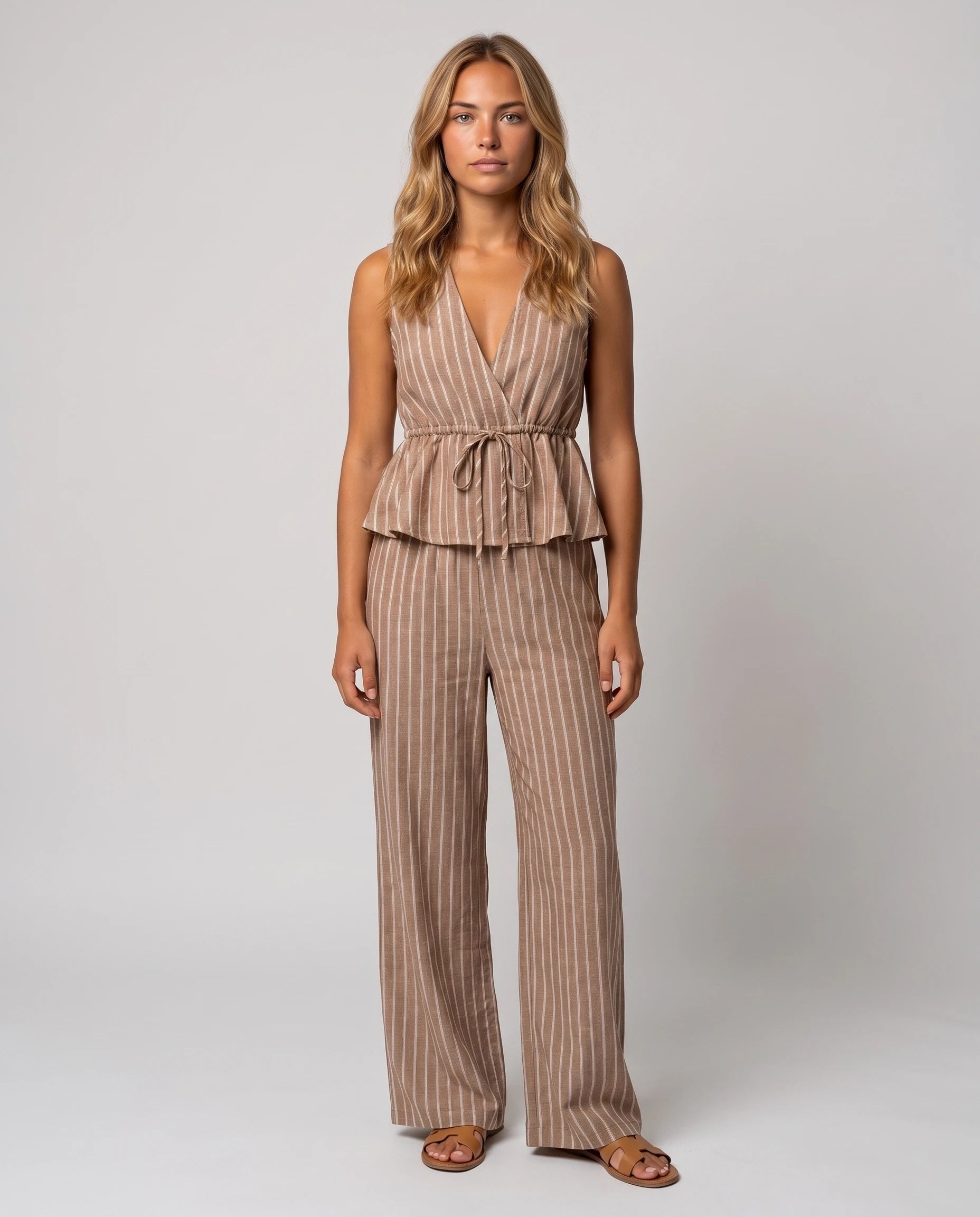 Ensemble gilet col V et pantalon large Mahaut Camel, vue de face en studio