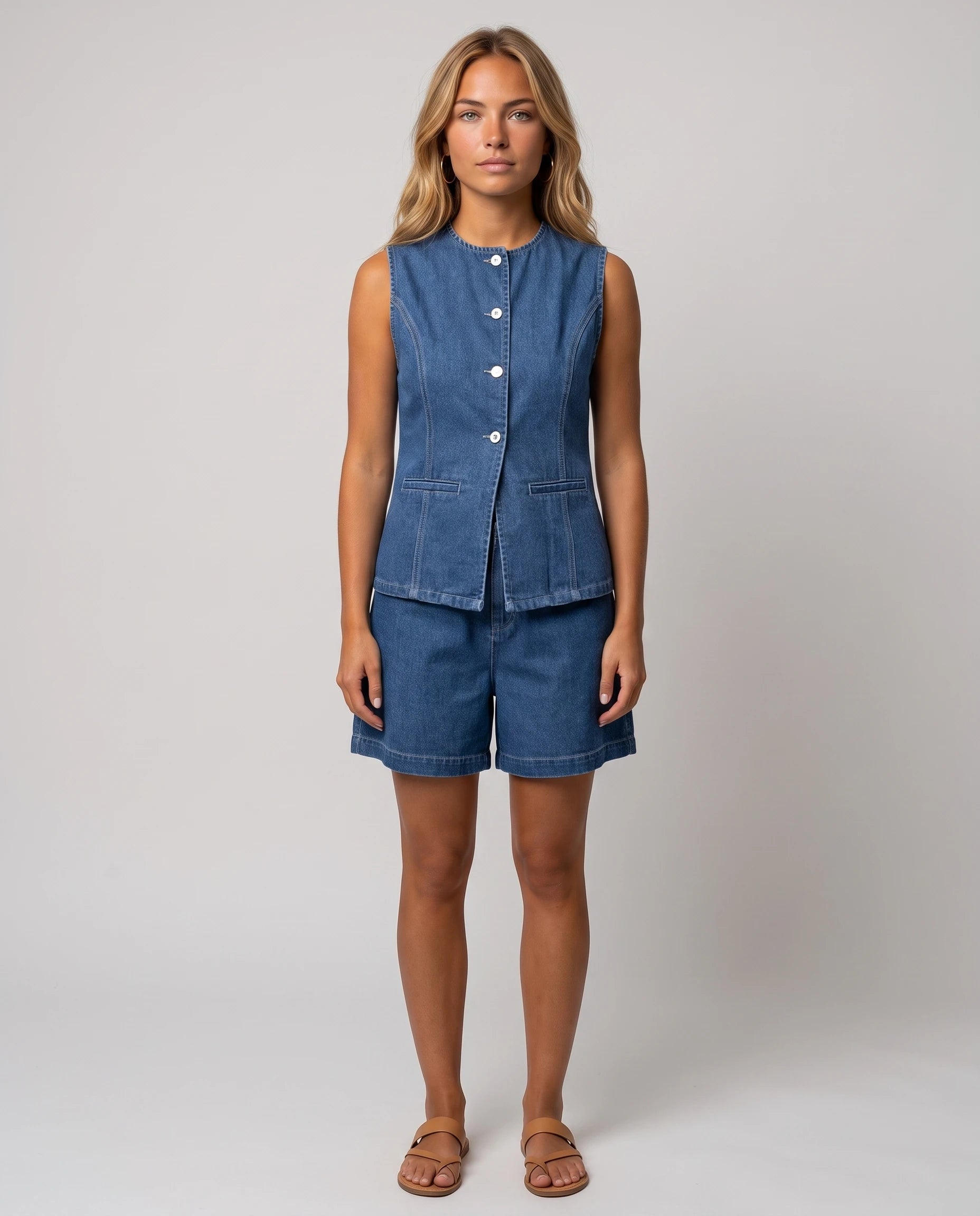 Ensemble gilet et short en jean Perrine — Bleu Denim — vue face studio
