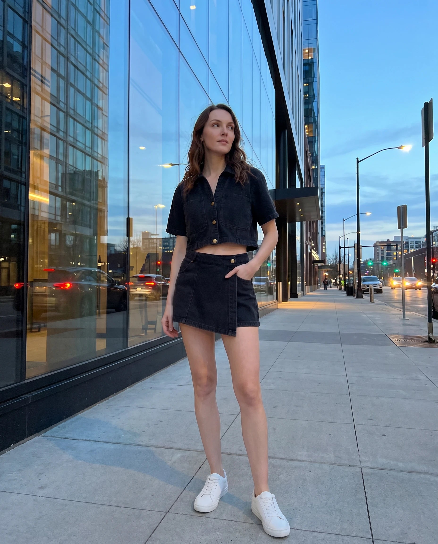 Ensemble veste courte et jupe-short en jean Noir, porté en ville