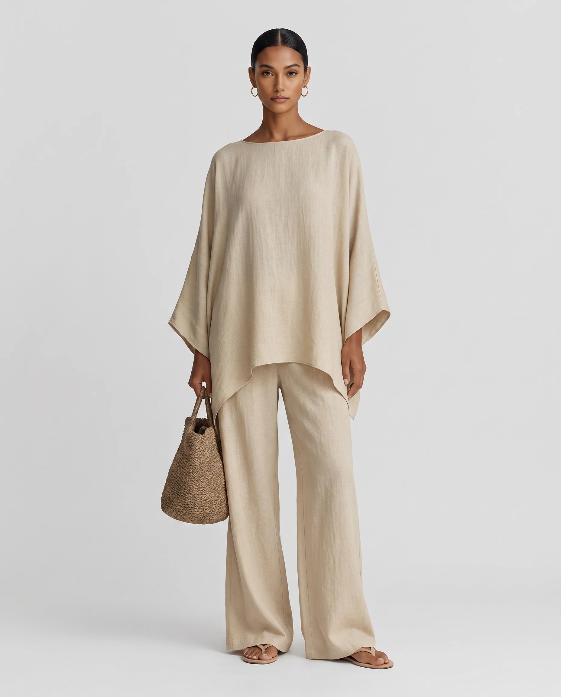 Ensemble tunique oversize et pantalon large en lin Eudoxie, coloris Beige, vue de face en studio