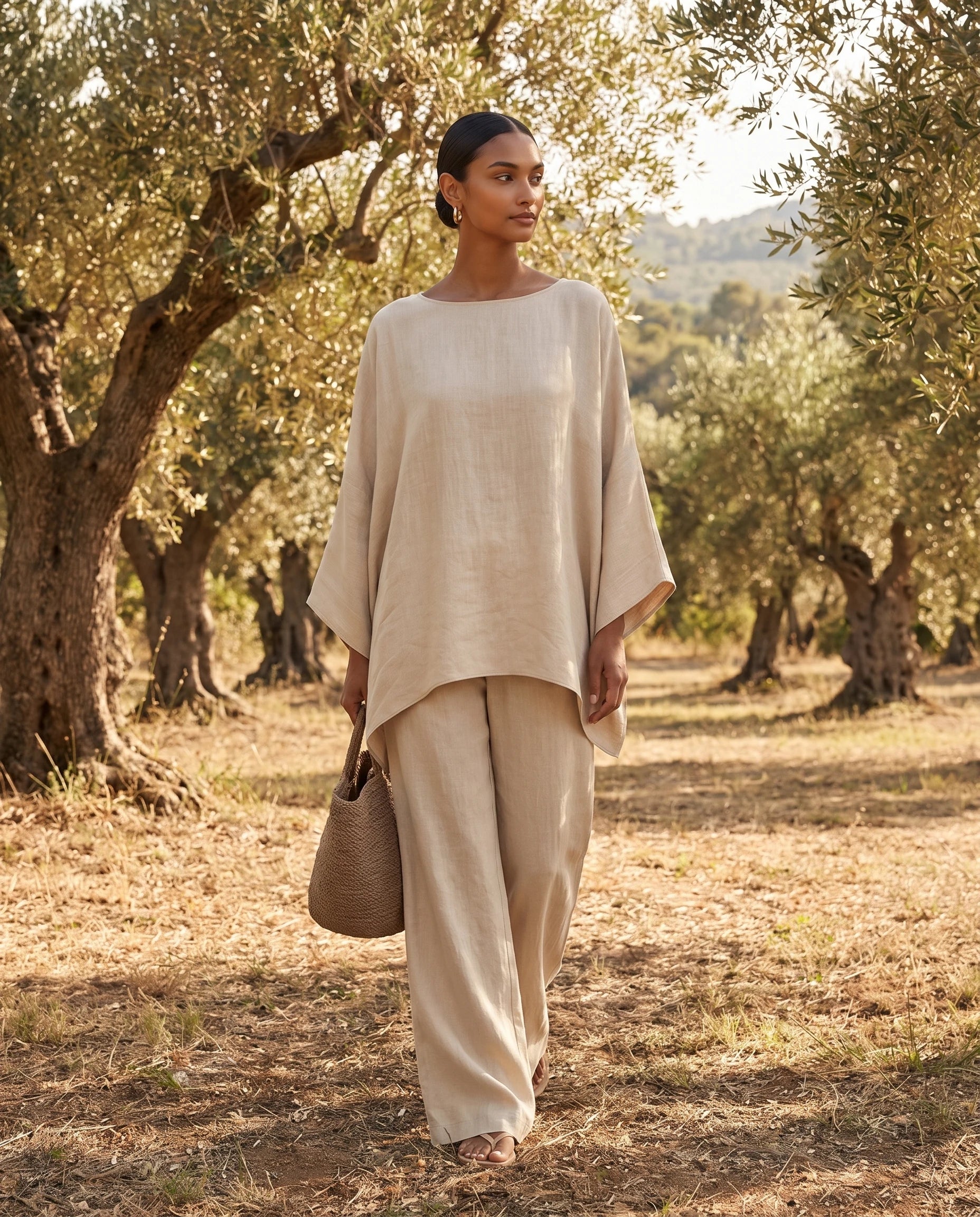 Ensemble tunique oversize et pantalon large en lin Eudoxie, coloris Beige, portee en exterieur, ambiance lifestyle