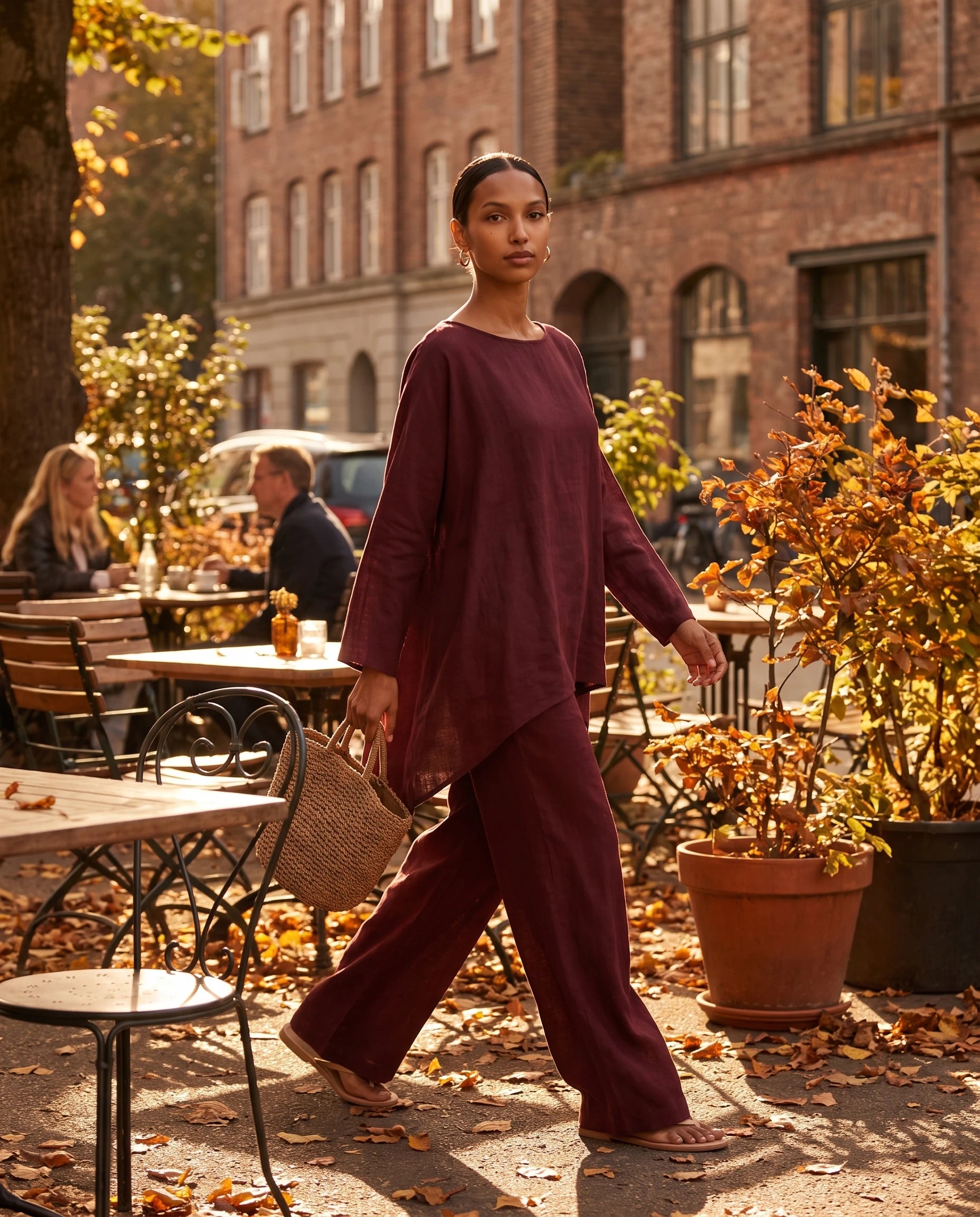 Ensemble tunique oversize et pantalon large en lin Eudoxie, coloris Bordeaux, portee en exterieur, ambiance lifestyle