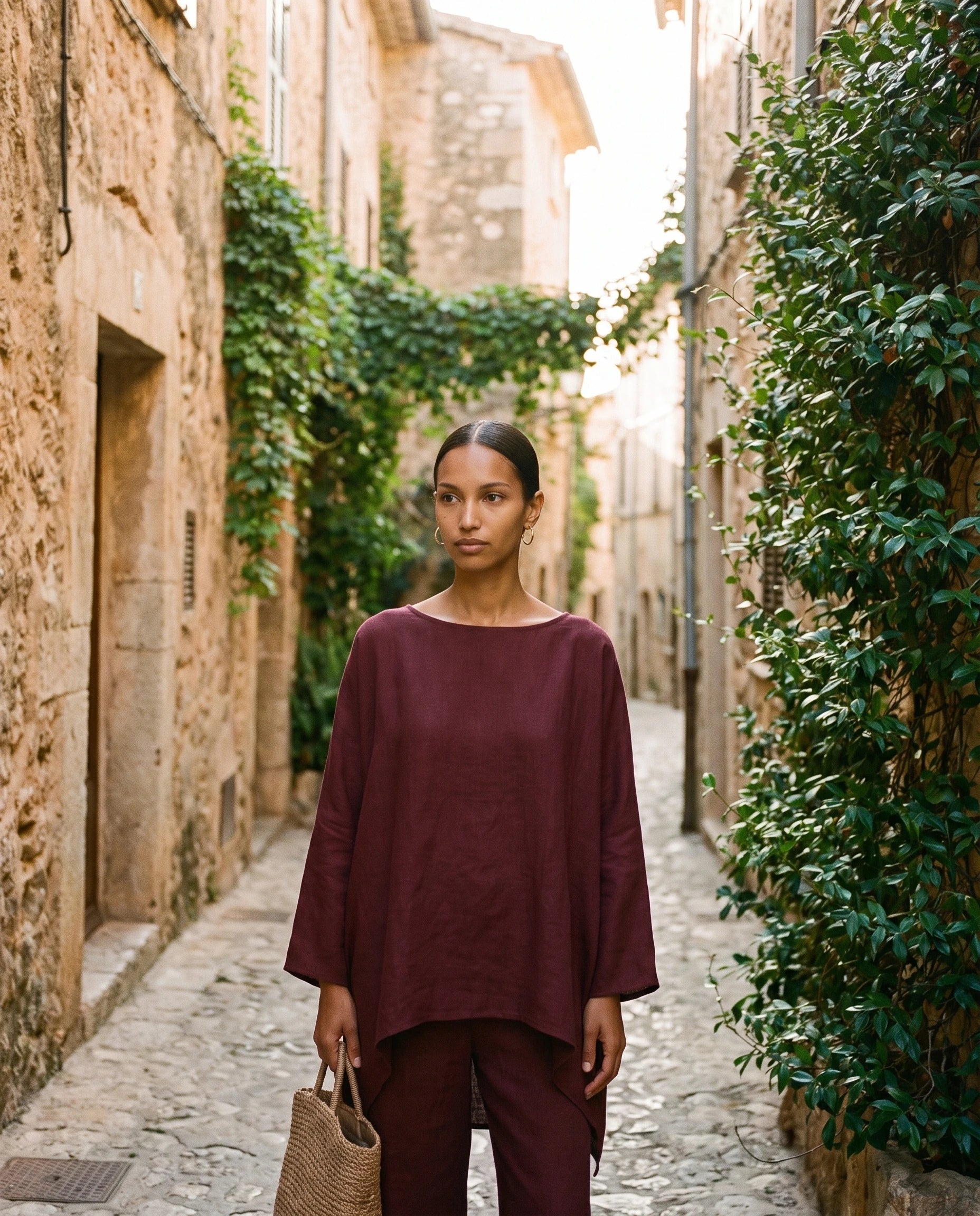 Ensemble tunique oversize et pantalon large en lin Eudoxie, coloris Bordeaux, portee en exterieur, seconde ambiance lifestyle