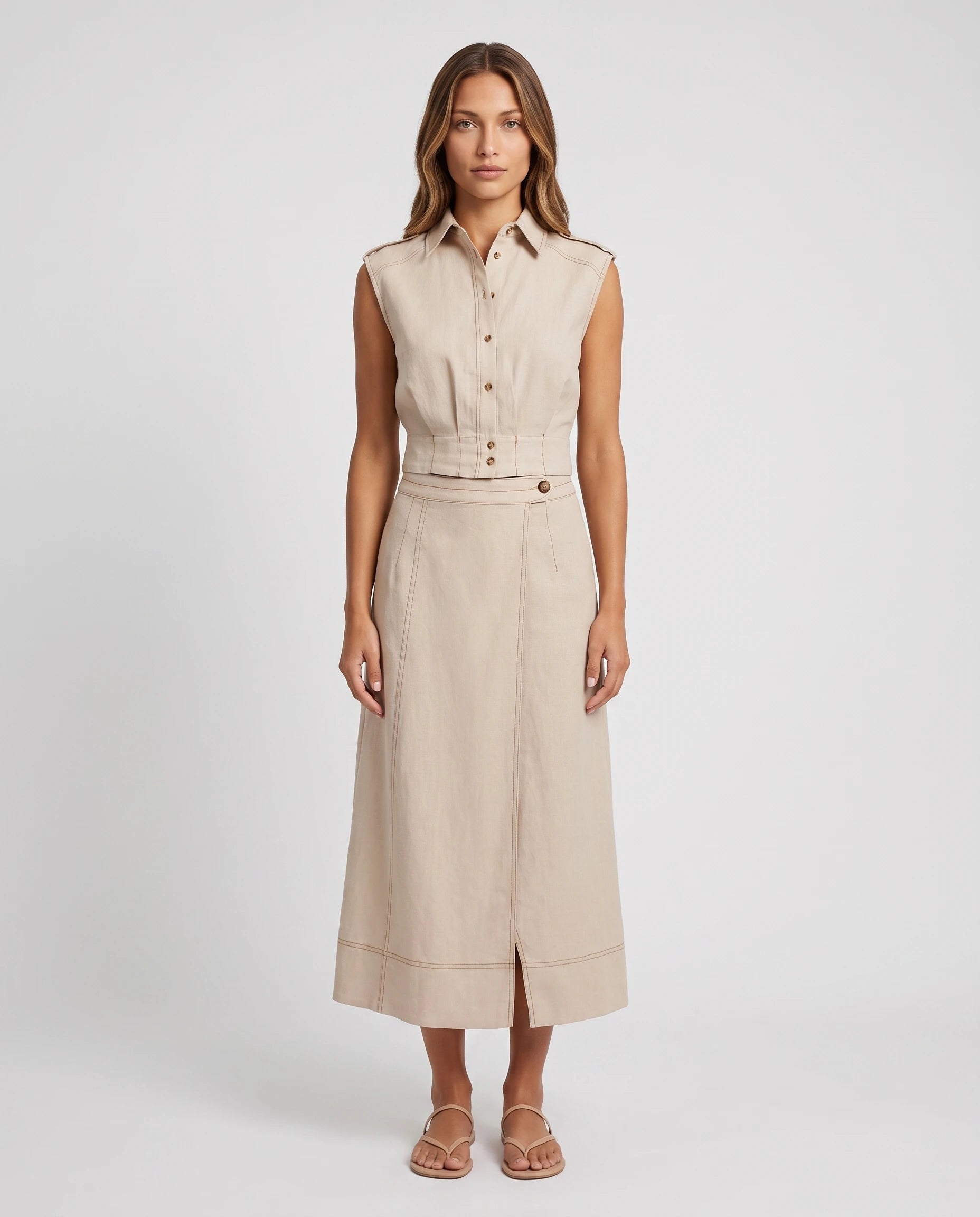 Ensemble chemise sans manches et jupe midi en lin beige Pernelle — vue de face studio