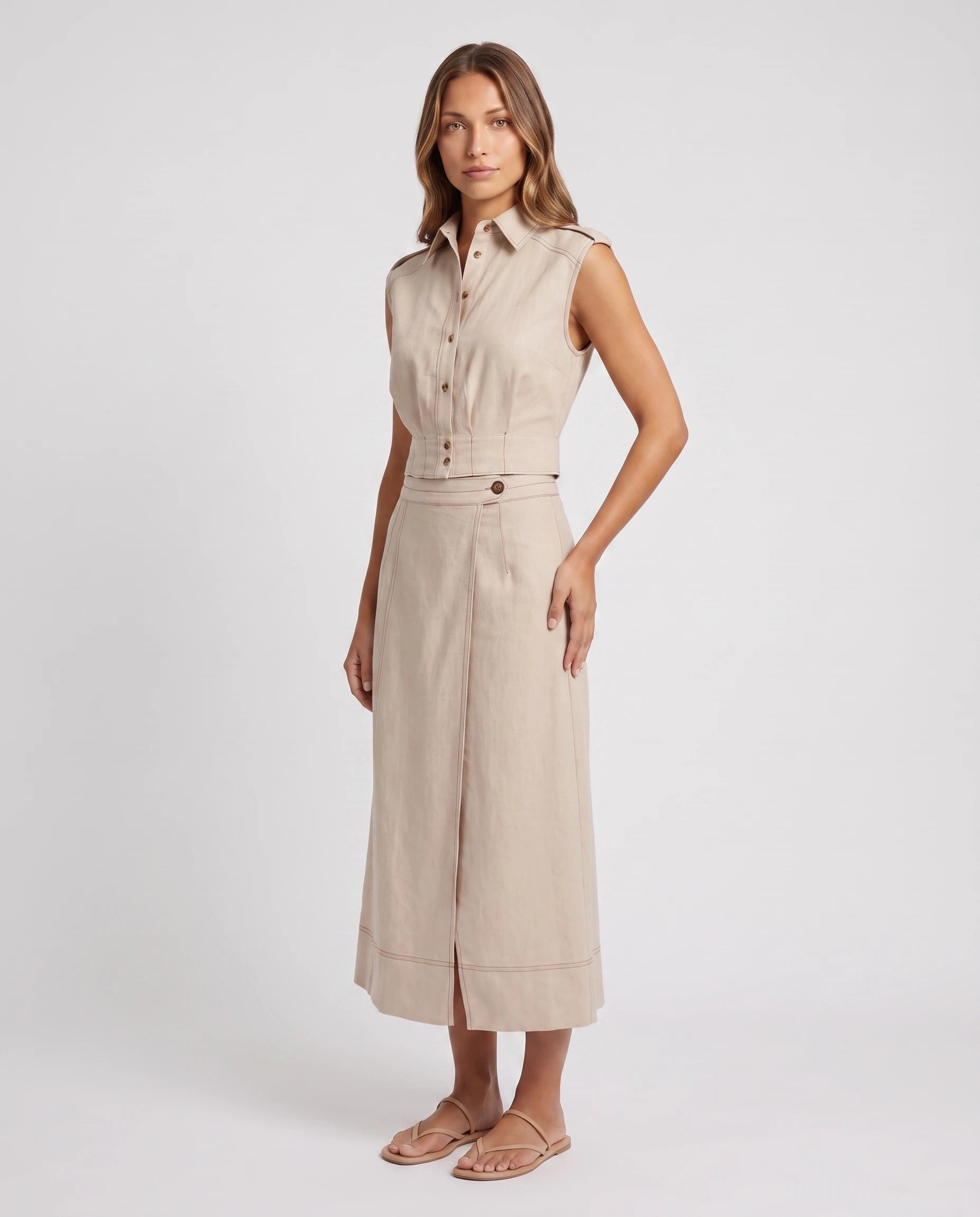 Ensemble lin beige chemise et jupe midi Pernelle — vue trois-quarts studio