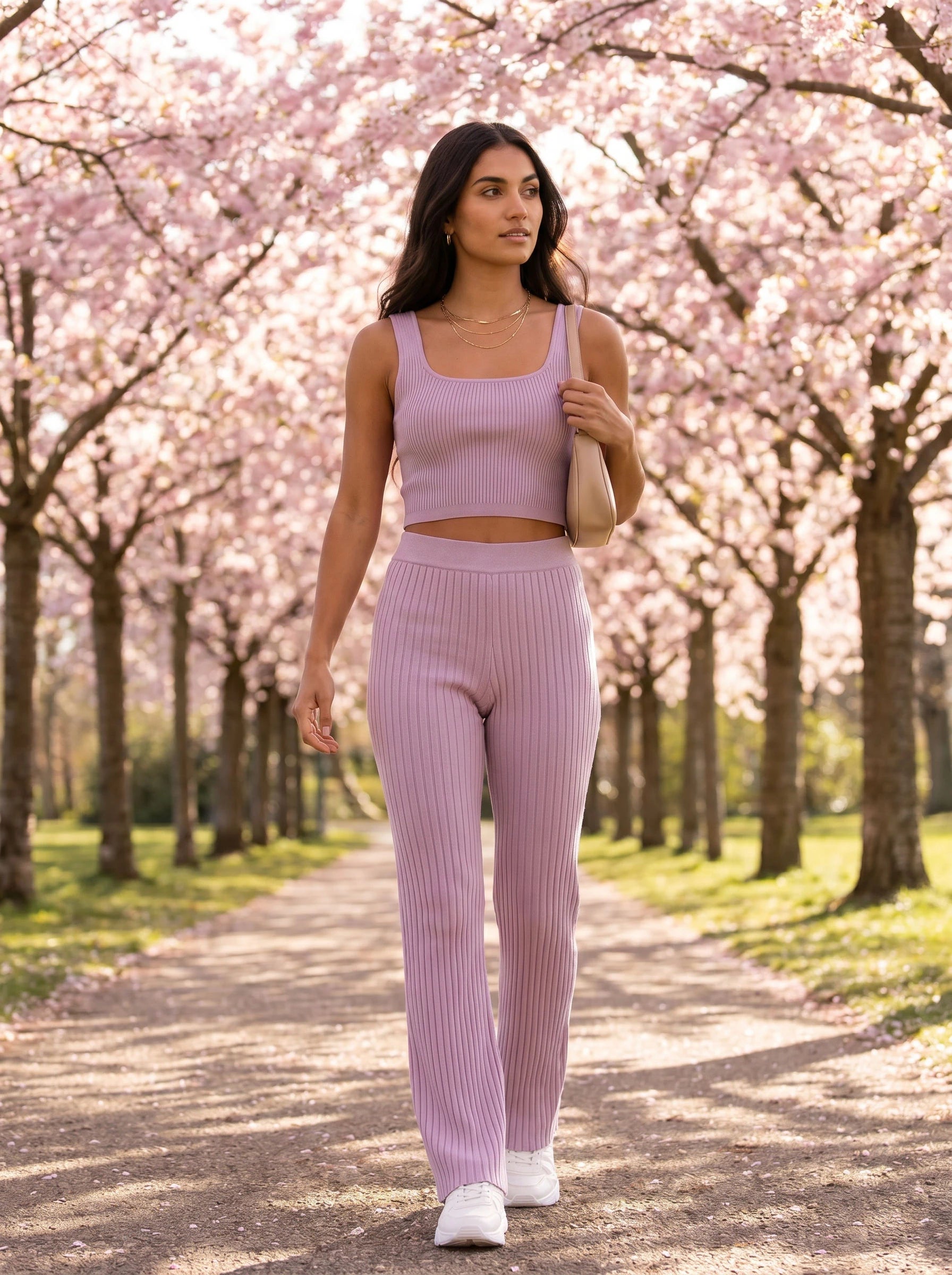Ensemble top court et pantalon en maille cotelee Lilas portee dans une allee de cerisiers en fleurs - Elvire | Zolena
