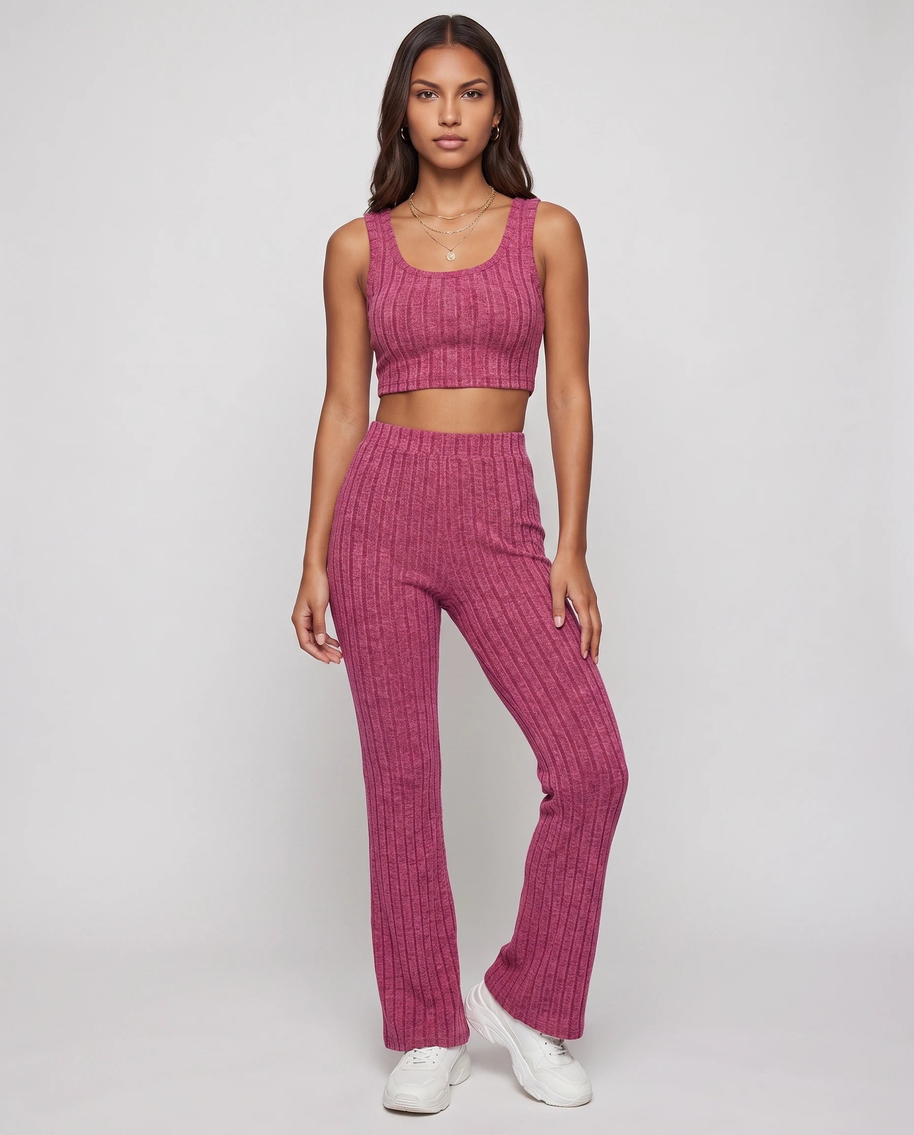 Ensemble top court et pantalon en maille cotelee Rose Framboise vue de face studio - Elvire | Zolena