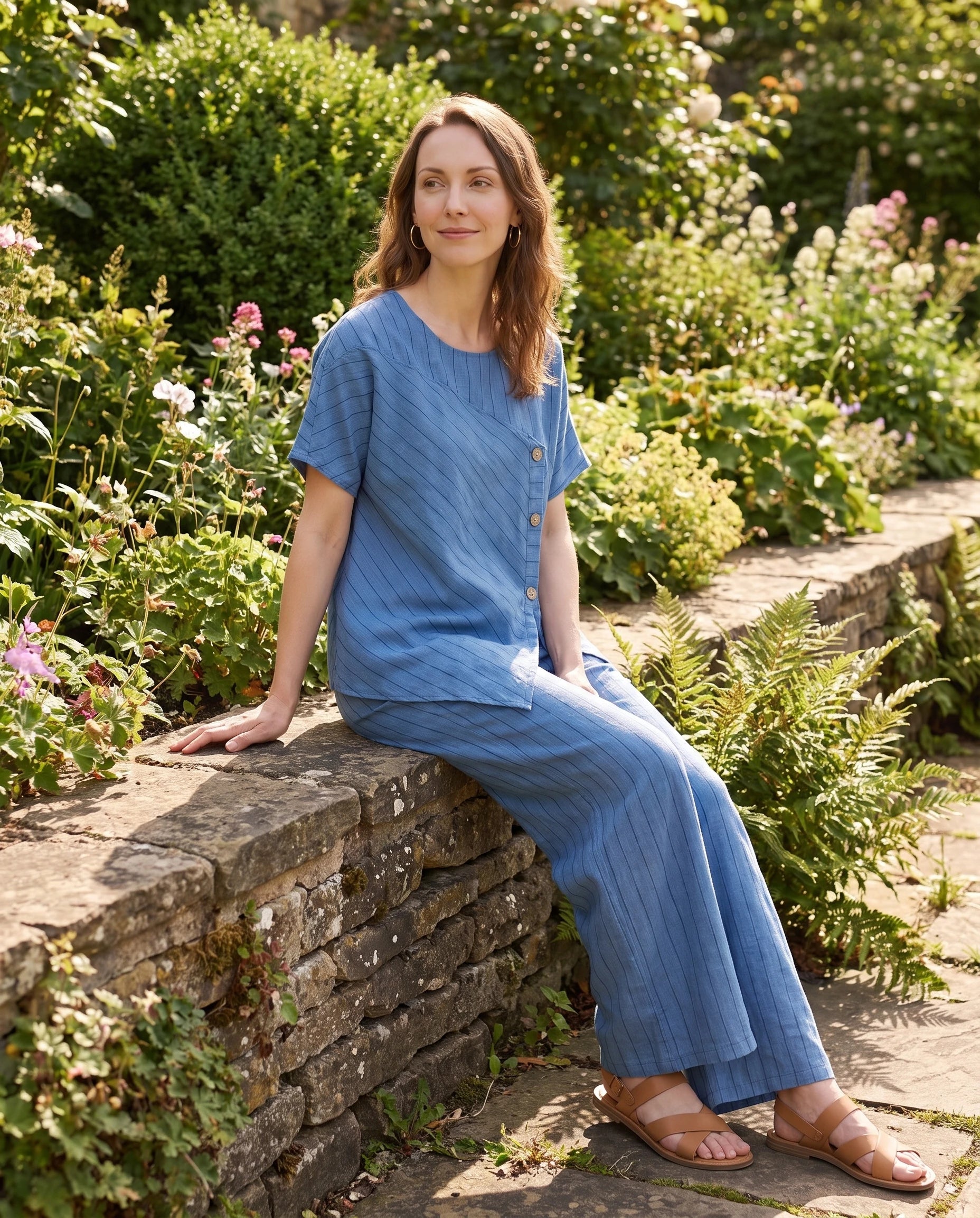 Ensemble top raye asymetrique et pantalon large Bleu assise dans un jardin ensoleillé - Amandine | Zolena