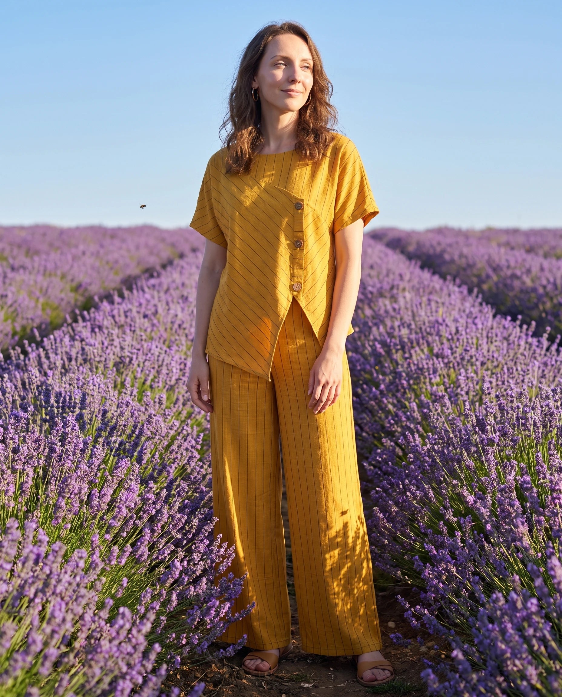 Ensemble top raye asymetrique et pantalon large Jaune porté dans un champ de lavande - Amandine | Zolena