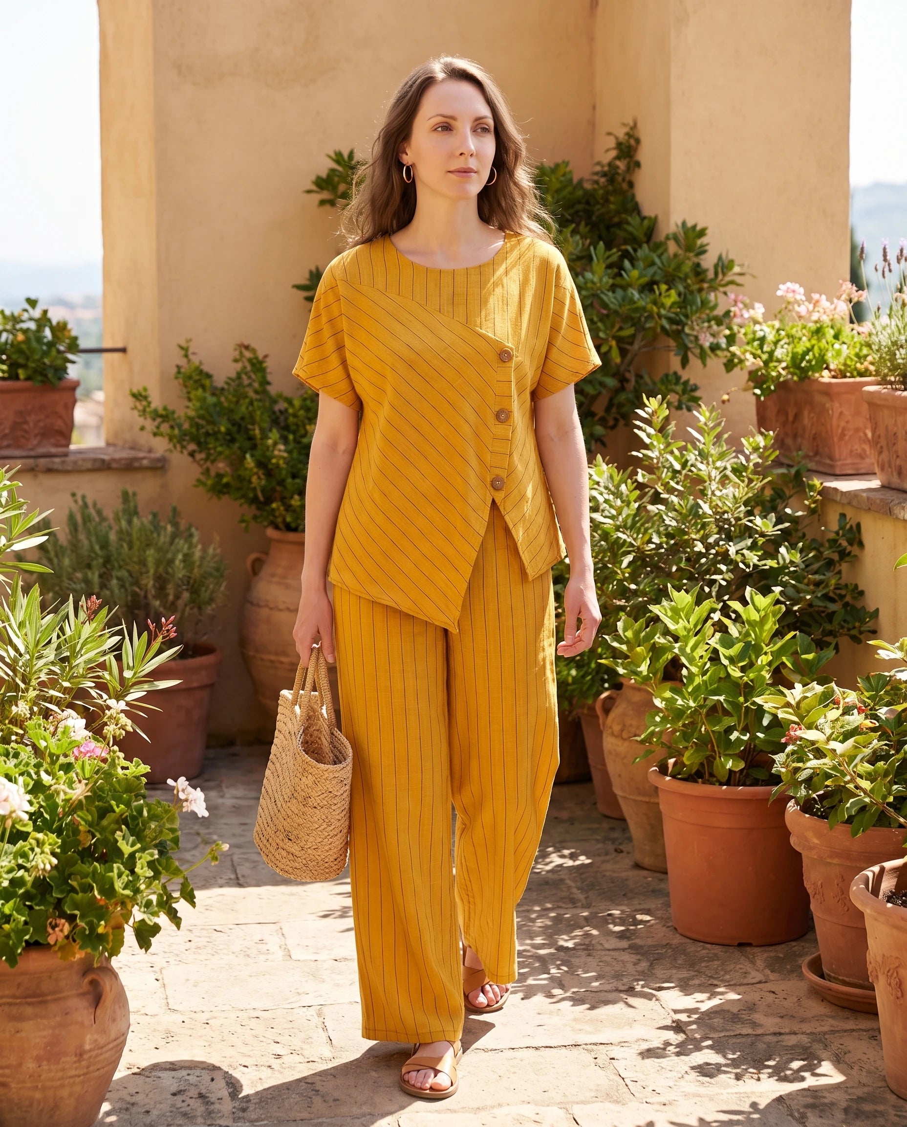 Ensemble top raye asymetrique et pantalon large Jaune porté sur une terrasse ensoleillée - Amandine | Zolena