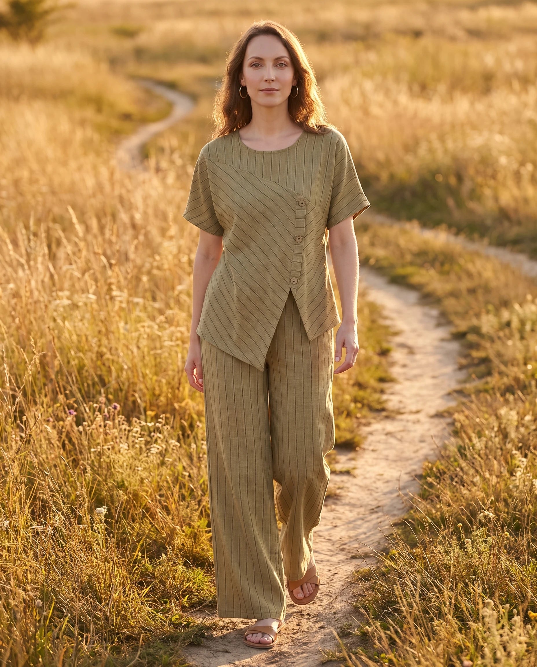 Ensemble top raye asymetrique et pantalon large Kaki porté sur un chemin de campagne - Amandine | Zolena