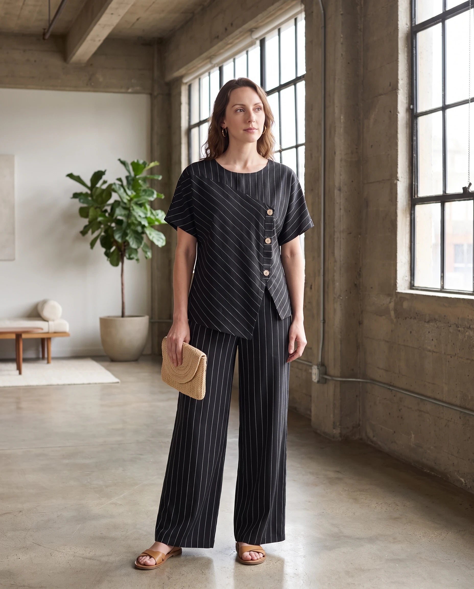 Ensemble top raye asymetrique et pantalon large Noir porté dans un loft lumineux - Amandine | Zolena