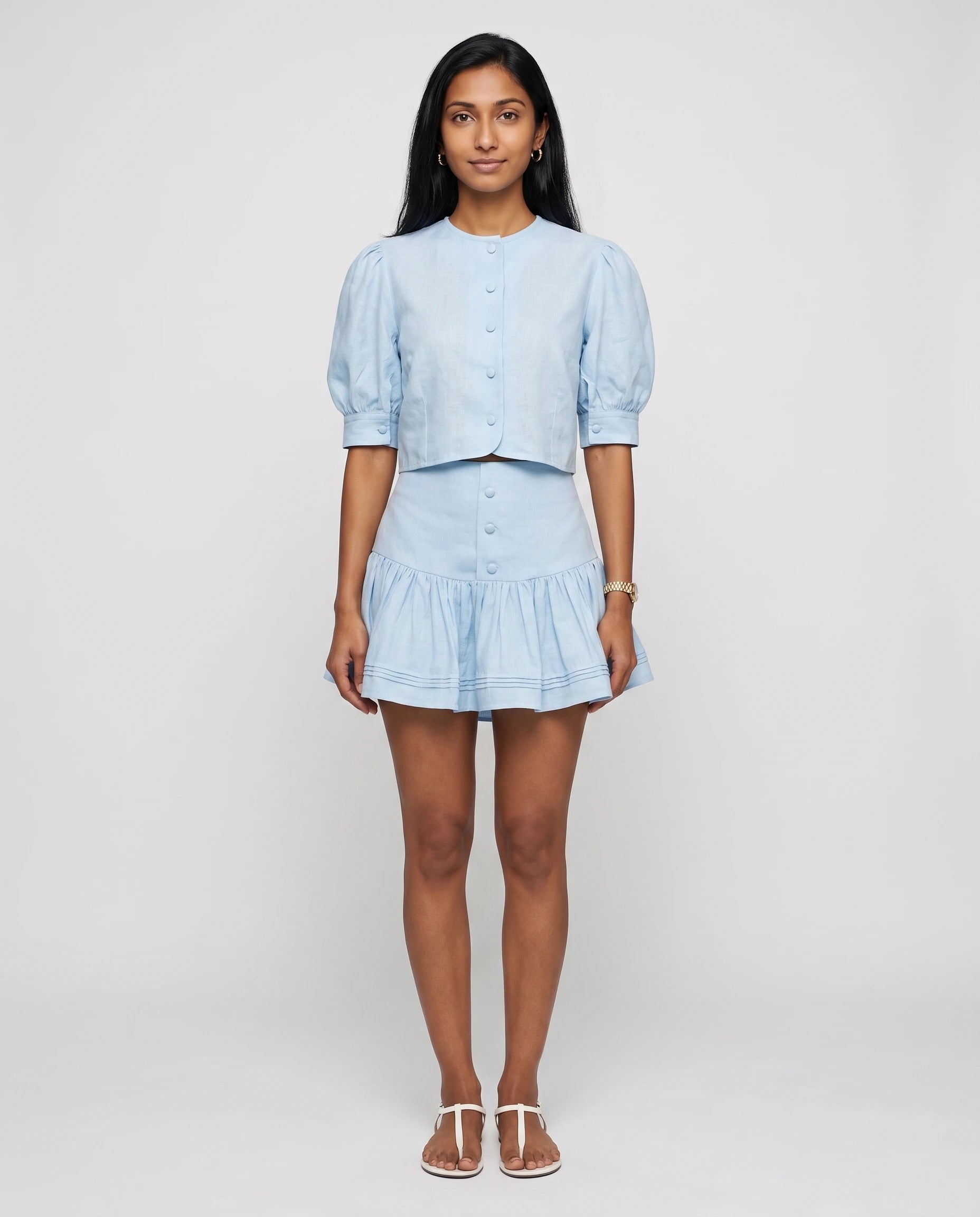 Ensemble jupe-short en lin Bleu Ciel — vue de face studio