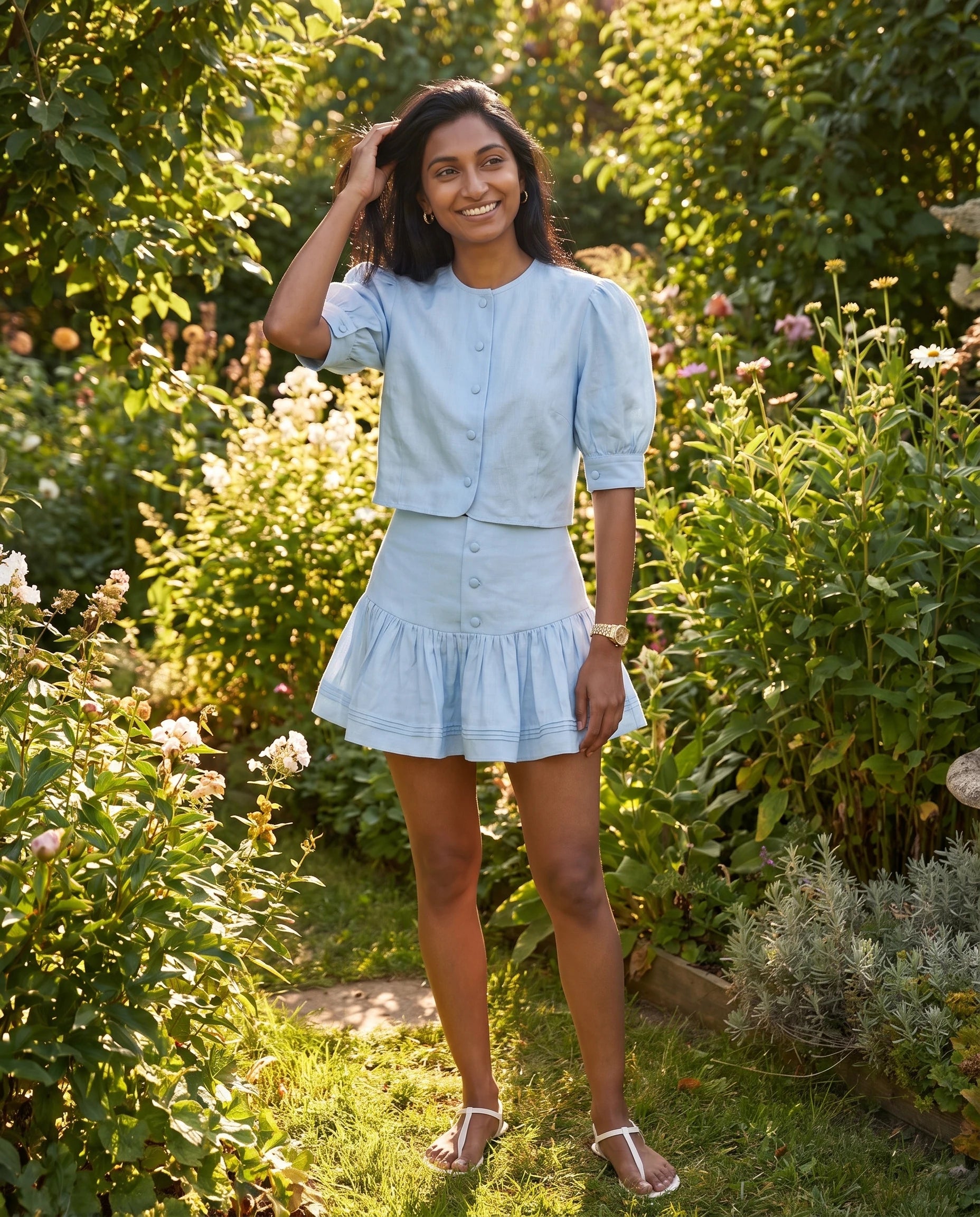 Ensemble jupe-short en lin Bleu Ciel — porté au jardin fleuri