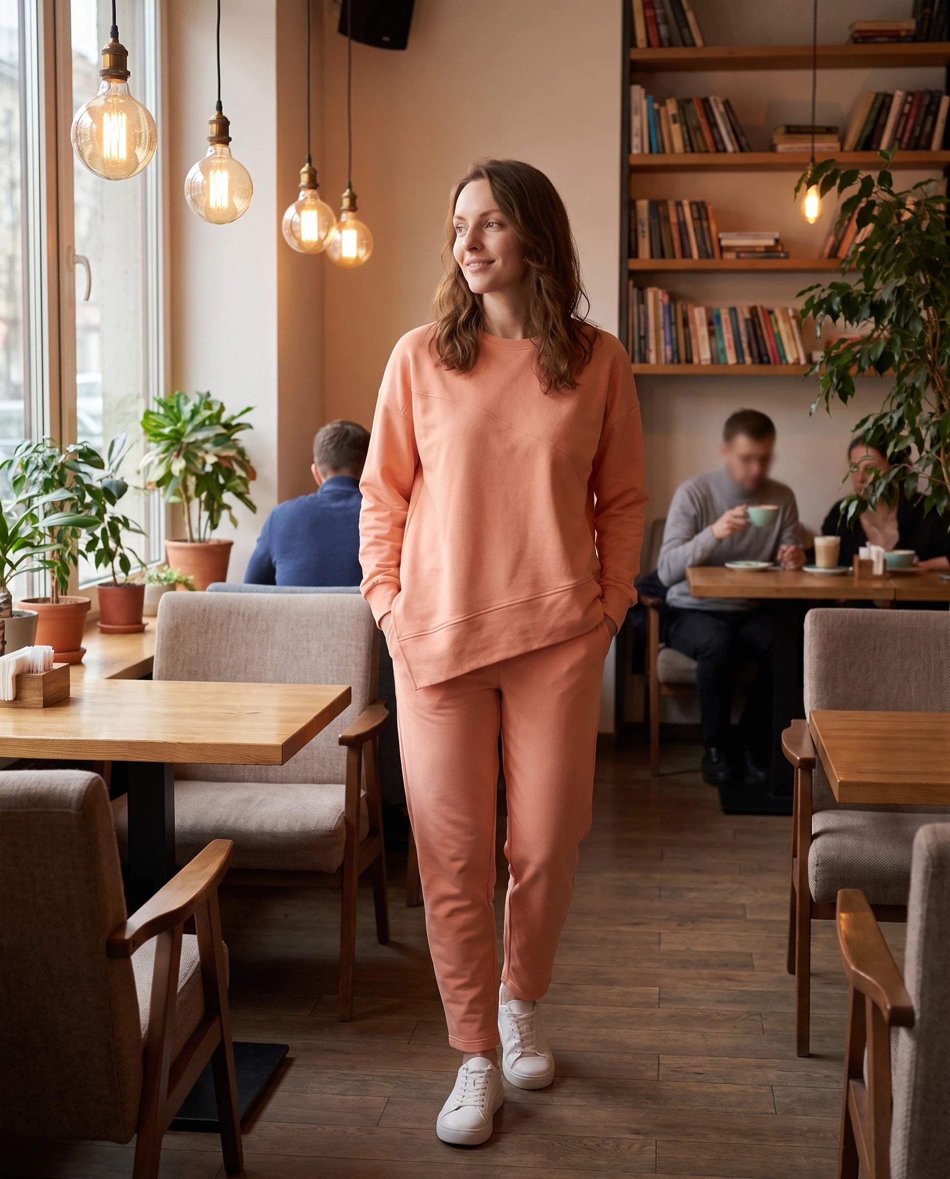 Ensemble sweat asymétrique et pantalon Bénédicte — Pêche — portée, lifestyle