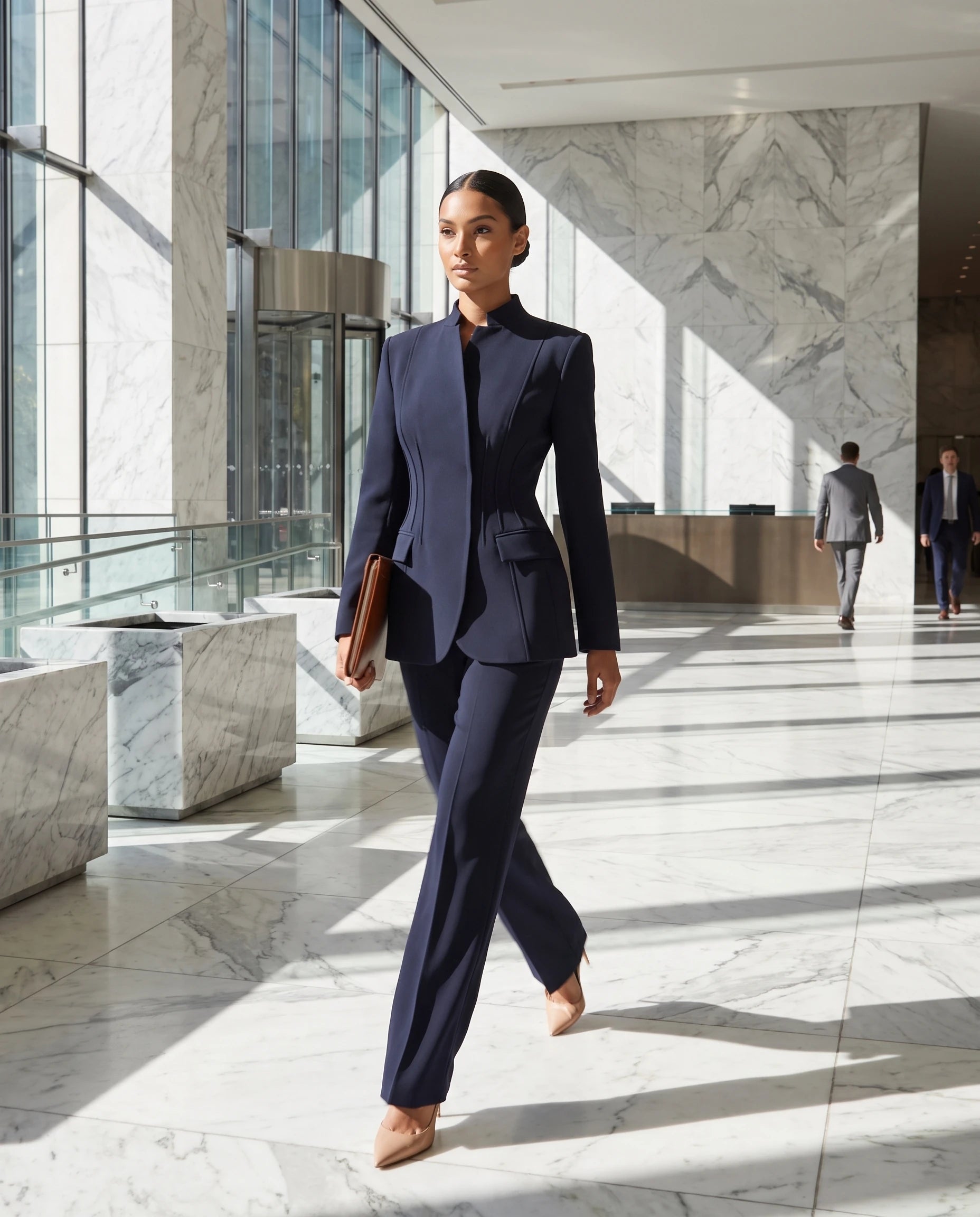 Ensemble tailleur cintre Gwendoline bleu marine portee dans un lobby en marbre