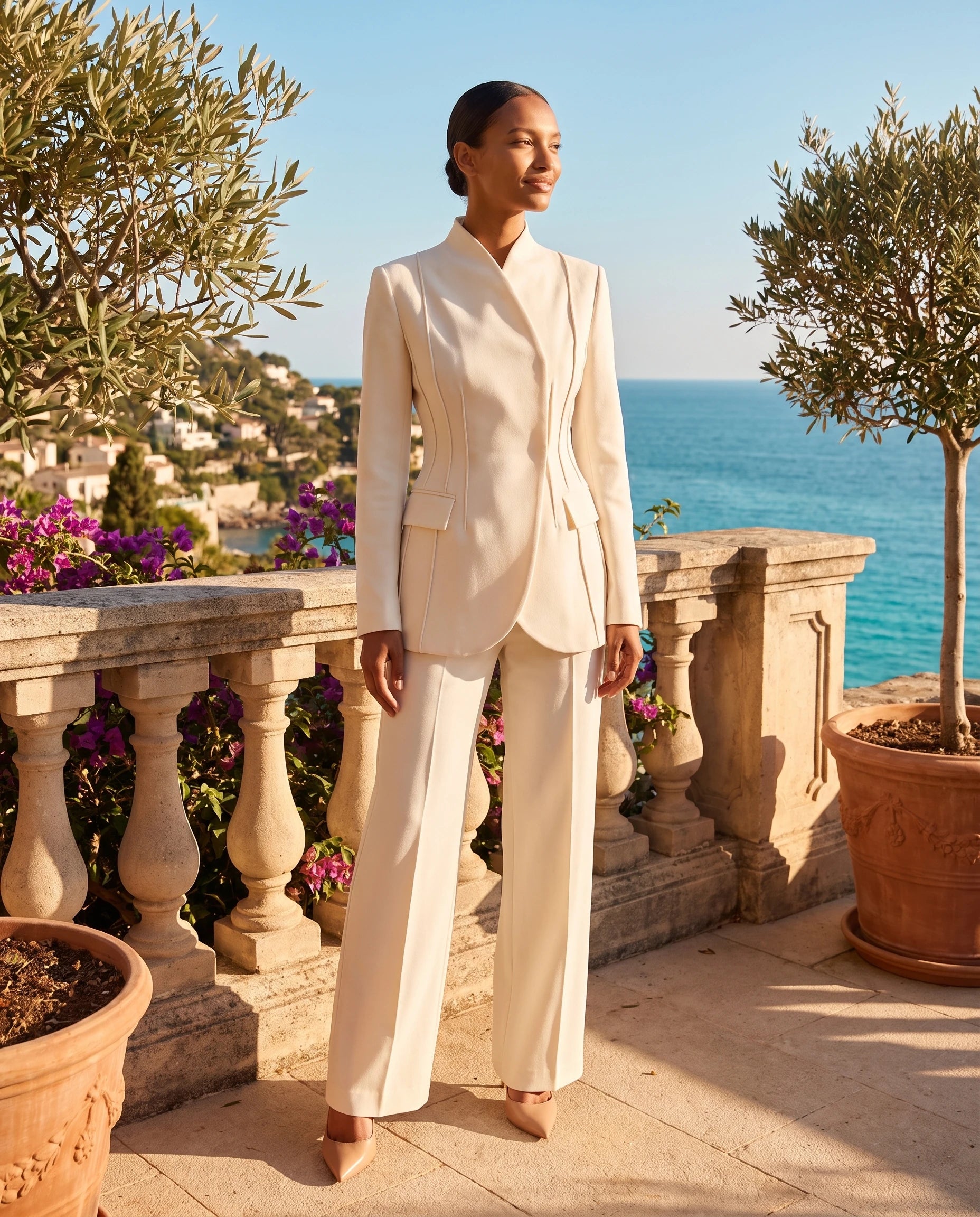 Ensemble tailleur cintre Gwendoline ivoire portee sur une terrasse mediterraneenne